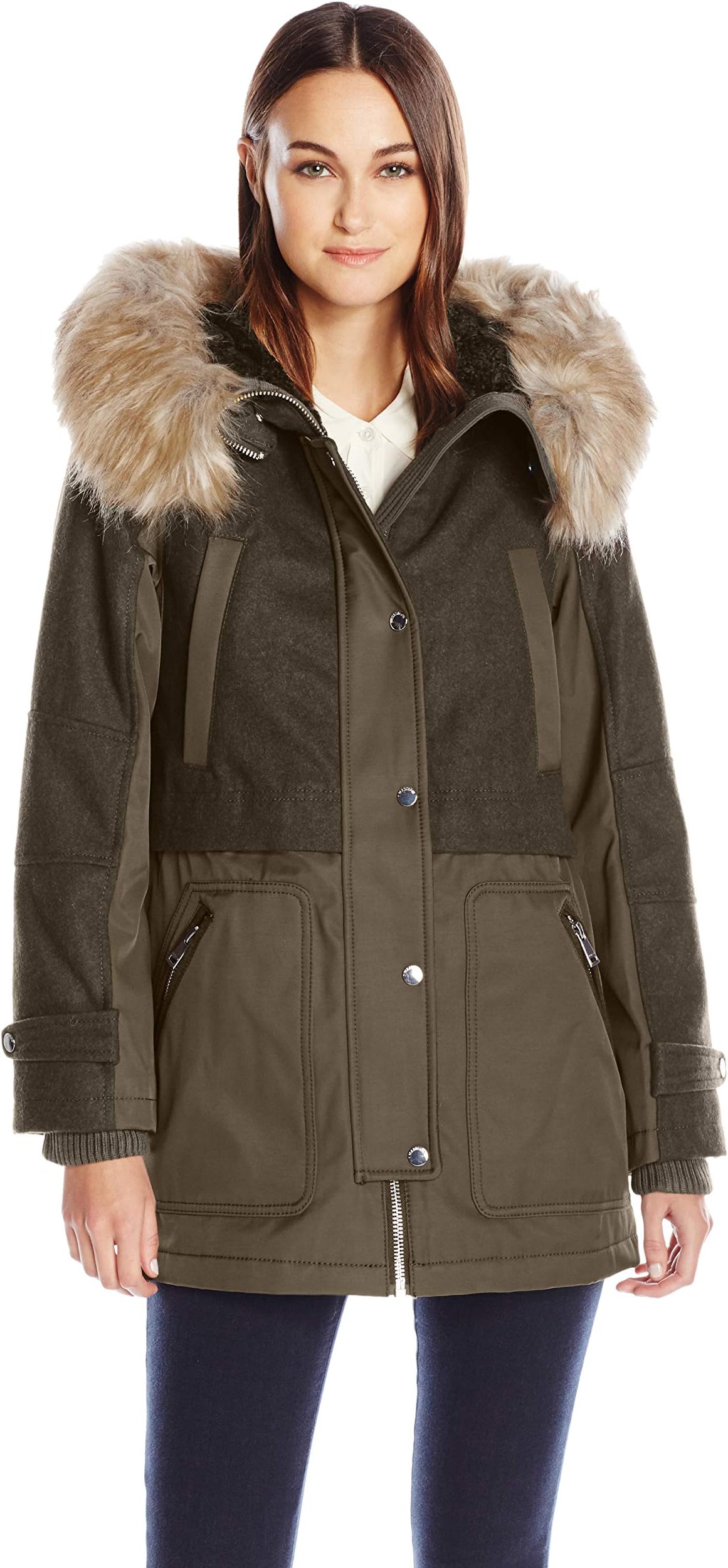 1 Madison Women's Mixed Media Wool Melton and Bonded Cotton Parka