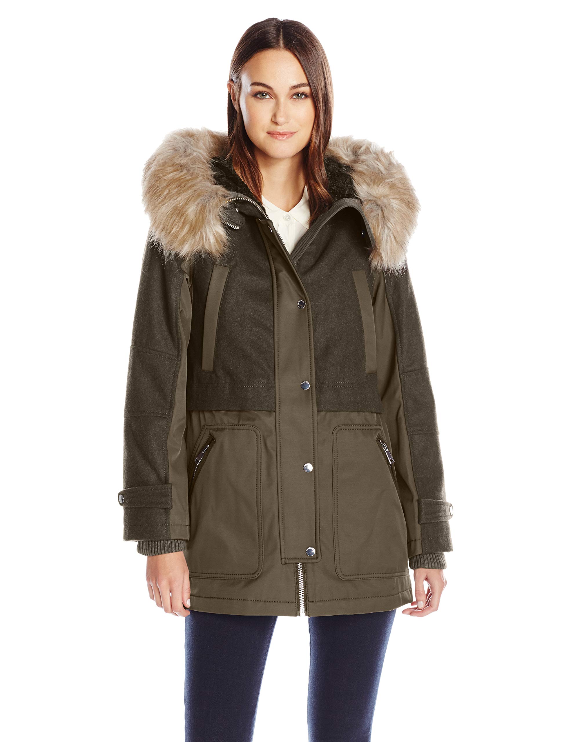 1 Madison Women's Mixed Media Wool Melton and Bonded Cotton Parka