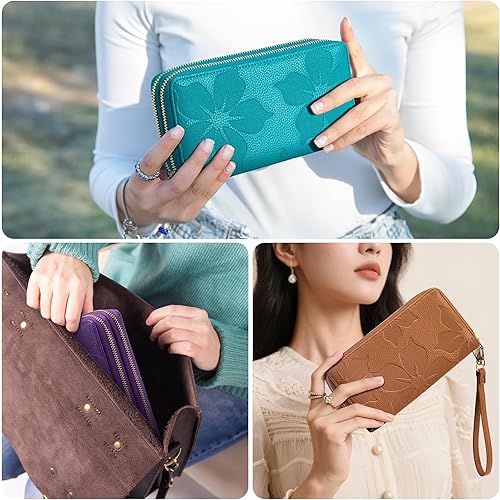 Miniatura 2 de Espera Cartera de mujer con bloqueo RFID de gran capacidad, tarjetero con doble cremallera, de cuero, con cartera para mujer con correa para la