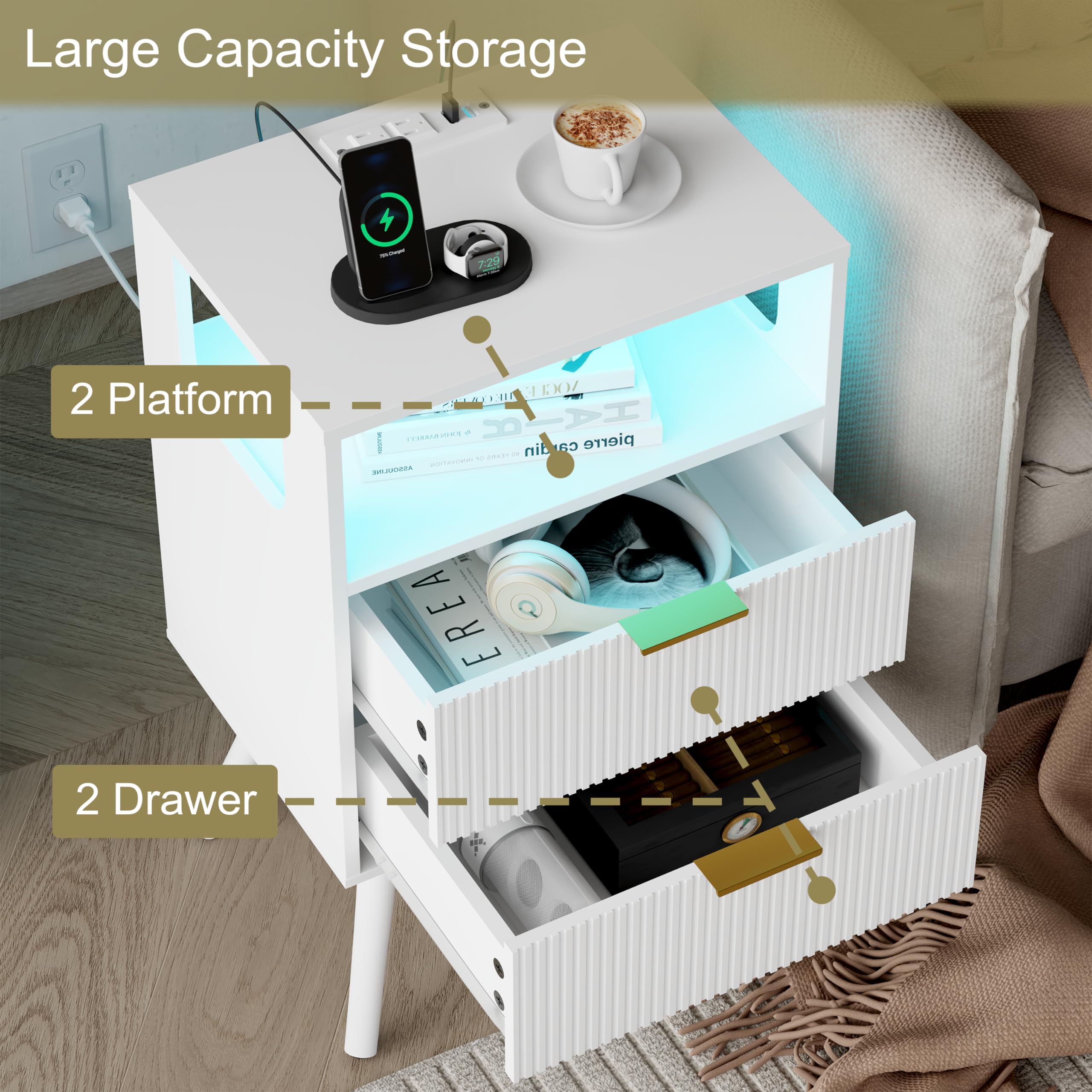 Mesita de noche blanca con estación de carga y luces LED, moderna mesita de noche con 2 cajones de almacenamiento y estante de madera abierta, para dormitorio y espacios pequeños, mesita de 6