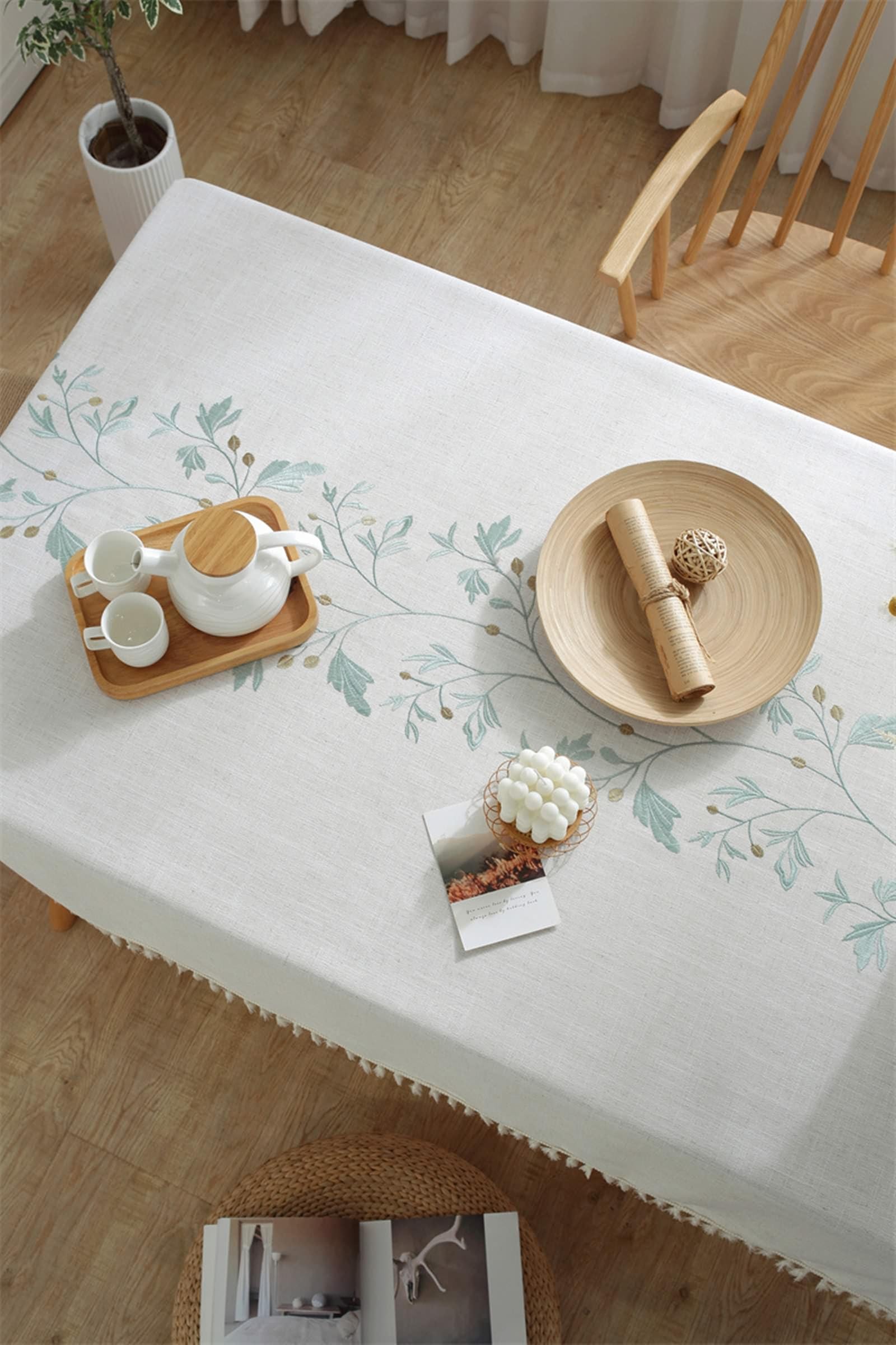 Mantel rectangular de cocina, 99 x 160 cm, poliéster bordado con hojas y borlas, mantel para eventos, bodas, banquetes y fiestas, estilo 2, verde