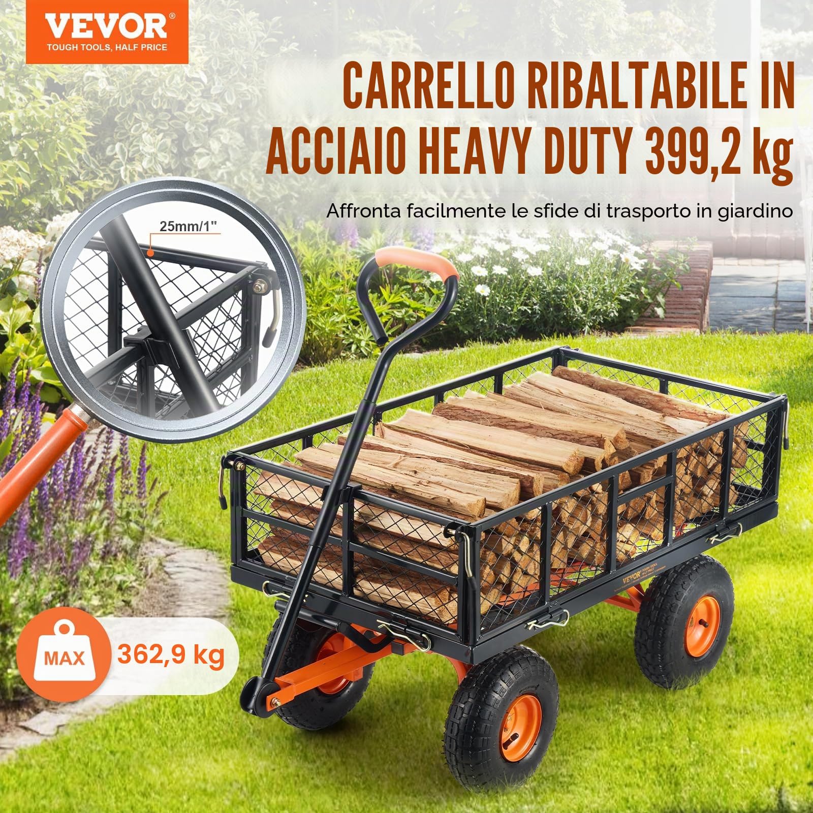 VEVOR Carrello Ribaltabile in Metallo, Carrello Ribaltabile Giardino Telaio Facile Montare, Carriola Utilitaria, Pneumatici 254 mm Carro Ribaltabile Maniglia Convertibile 2 in 1, Capacità 399,1 kg