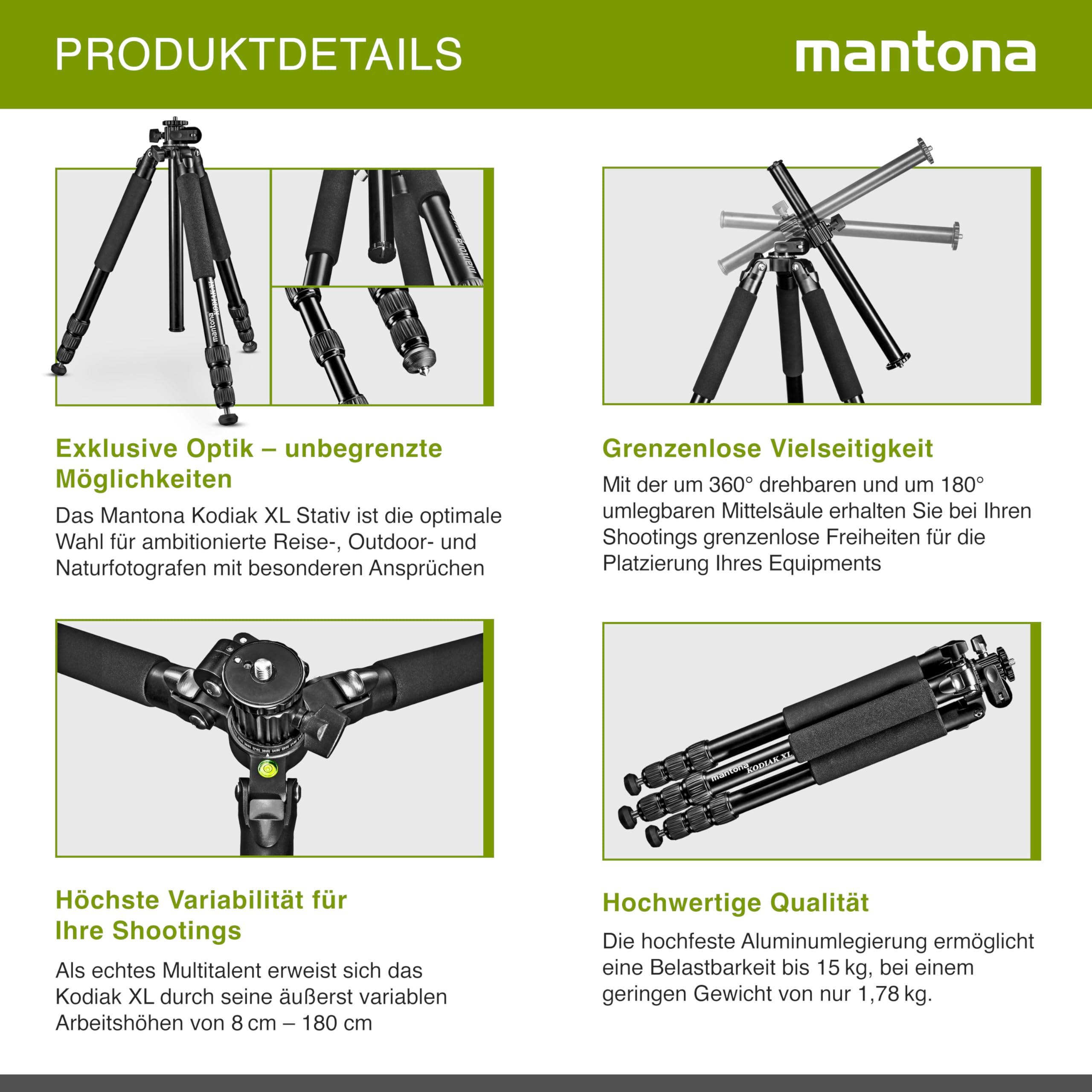 Mantona Kodiak XL - Treppiede per foto in alluminio, portata fino a 18 kg, regolabile in altezza fino a 180 cm, tripod con colonna centrale di 180°, treppiede stabile con accessori versatili