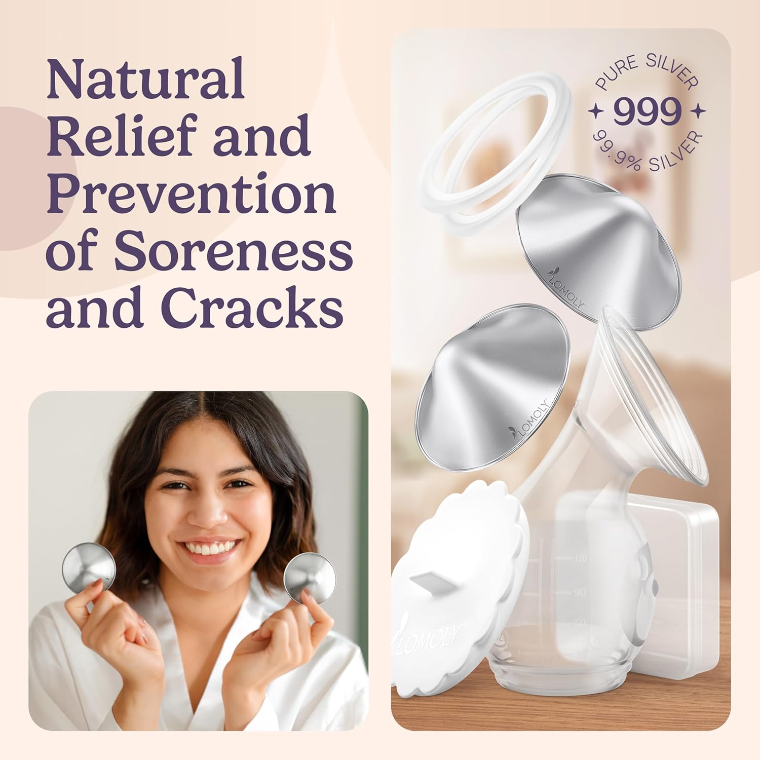 Silver Nursing Cups: Pure 999 Silver Nipple Shield | Breastfeeding Nursing Cups w/Breast Shields and Hands-Free Breast Pump (L - 1.8x0.6 inch)