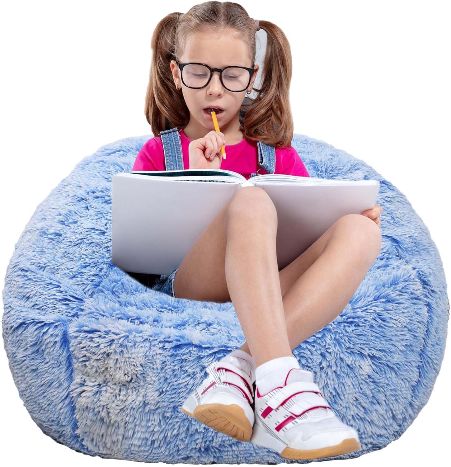 Fluffy Bean Bag Chair for Kids, 2.5FT Round Foam Filled Bean Bag for Teens & Kids, Ultra Soft Faux Fur Fabric Bean Bag Chairs for Playroom, Living Room, Bedroom, Blue