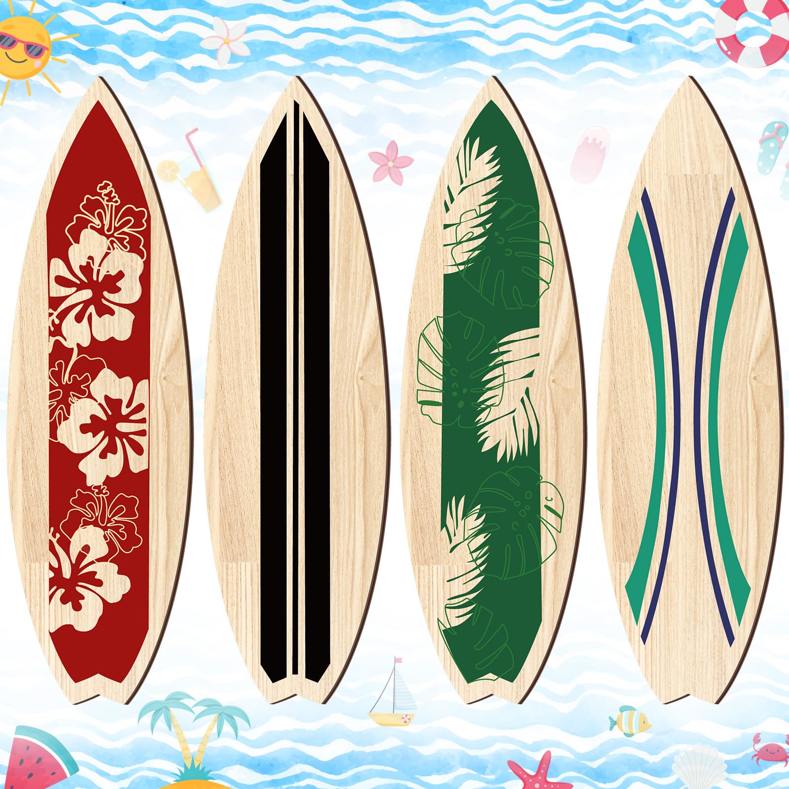 Qunclay 4 Pieces Surfboard Beach Signs Wood Surfboard Wall Art Decor Decorative Outdoor Signs Colorful Surf Party Decorations Wooden Surfboard Shaped Wood Cutting Board for Wall Decor