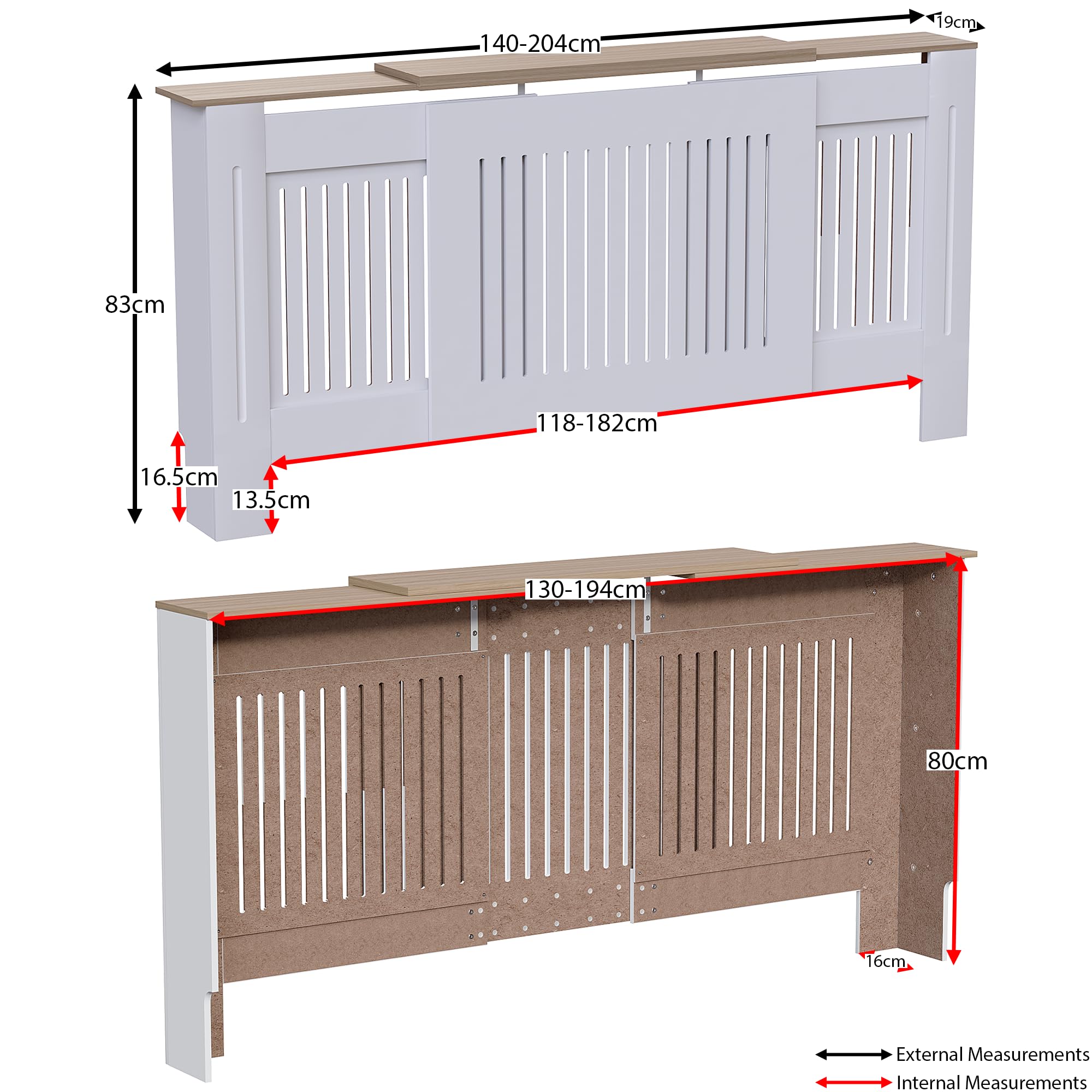 Vida Designs Arlington Cache-radiateur Blanc - Ajustable - Style Shaker Moderne à Lattes Verticales - H83xW140-204xD19cm - MDF Peint Idéal pour Salon et Couloir