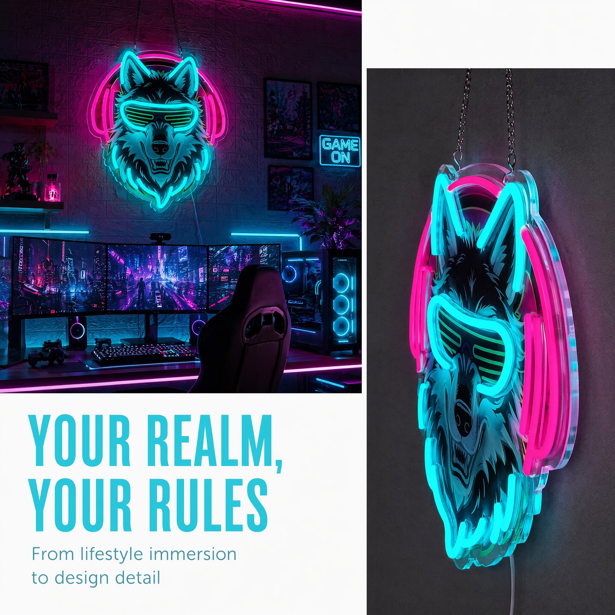 Wolf Neonschild, 36,6 x 32 cm, dimmbar, LED-Wolf-Neonlicht mit Kopfhörern und Sonnenbrille, USB-betriebenes Gaming-Neon-Wanddekor mit 10 Helligkeitsstufen, rosa & eisblau, Neonschild für Spielzimmer