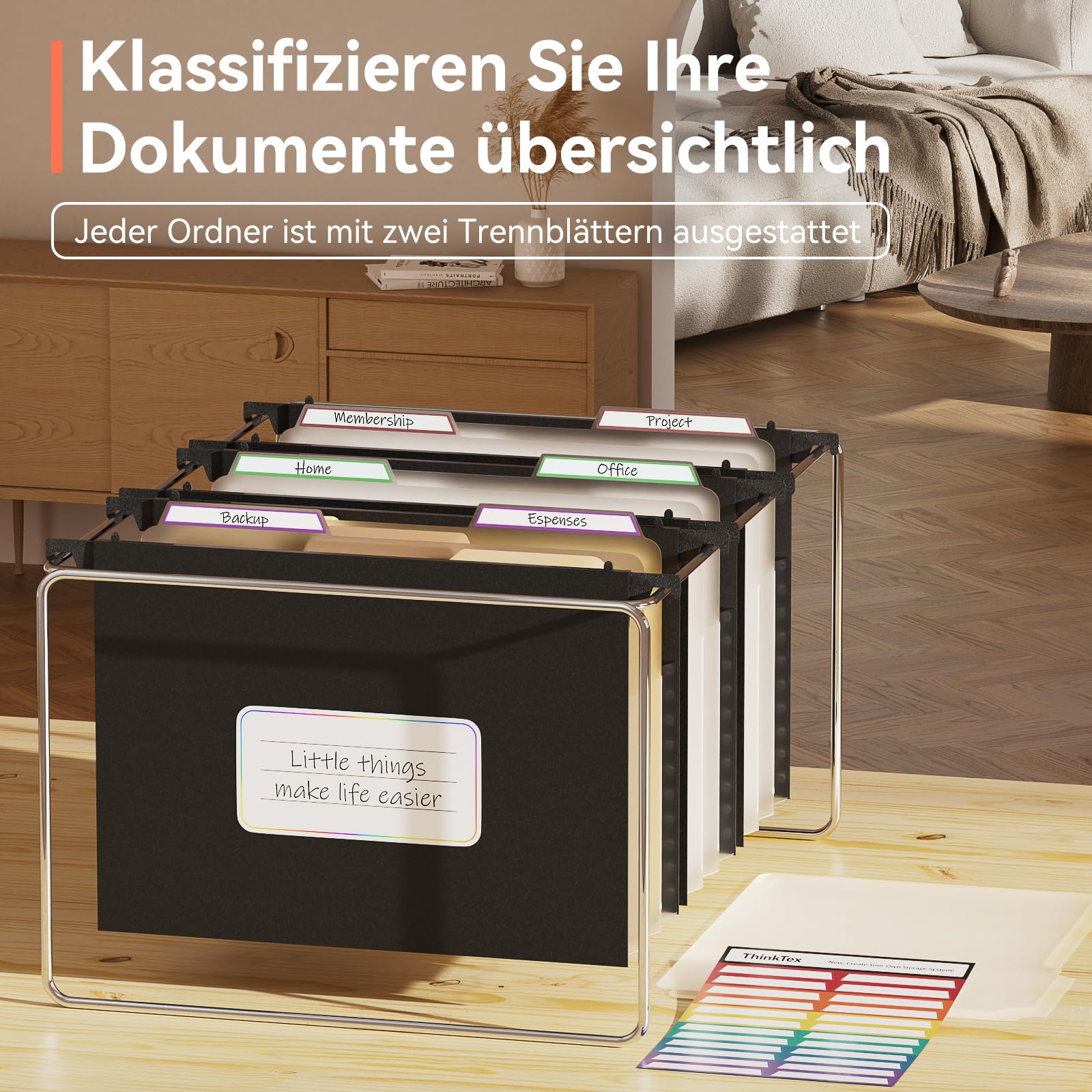 ThinkTex 3er Pack Hängemappen A4 Stabil, 12cm Breit Erweiterbare Hängeregister mit Versenkbaren Haken, Große Kapazität Hängeordner (Schwarz)
