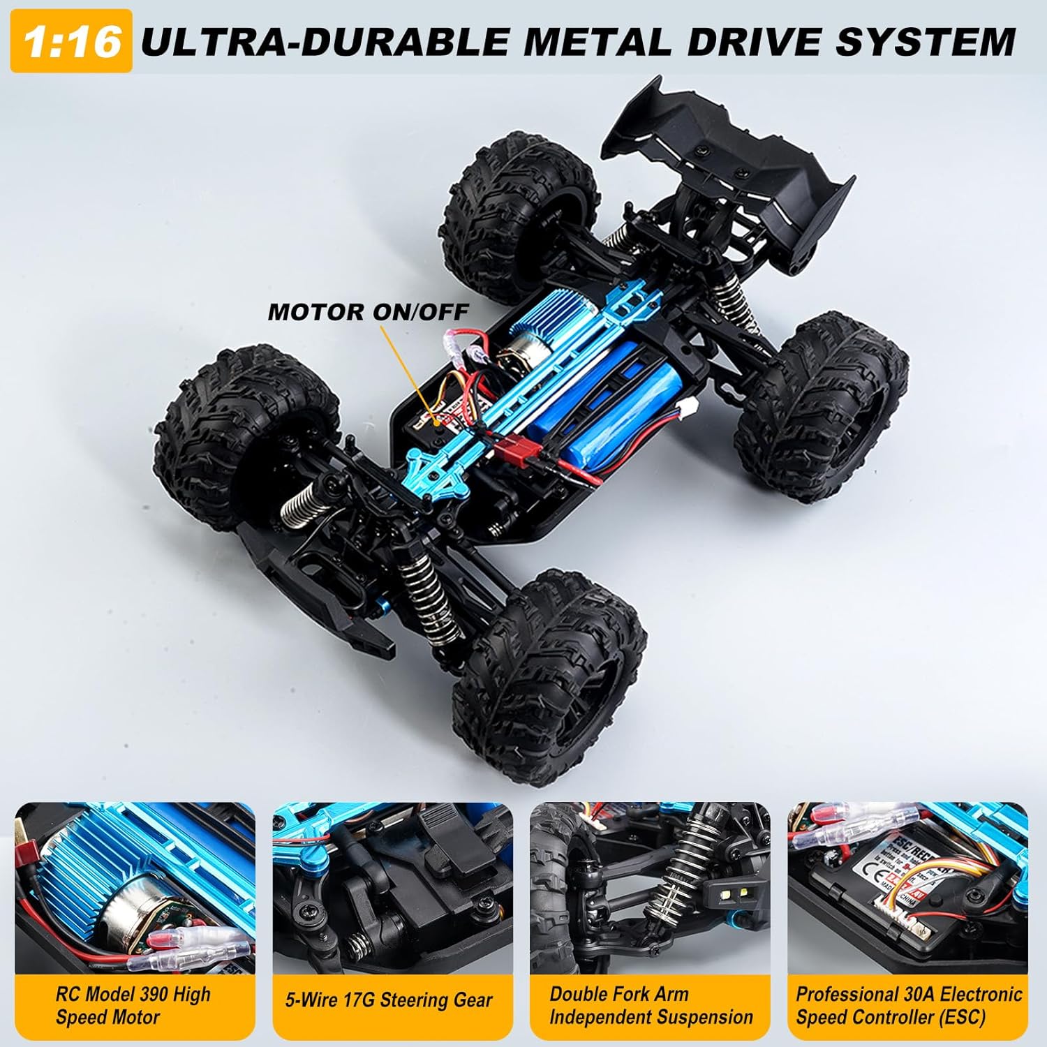 1:16 Scale All-Terrain RC Car for Adults - 40+KM/H High Speed 4WD Off-Road Remote Control Truck with 2 Rechargeable Batteries, 2.4GHz Electric Toy Vehicle Gift for Teens and 14+ (1:16 Scale) - Image 3