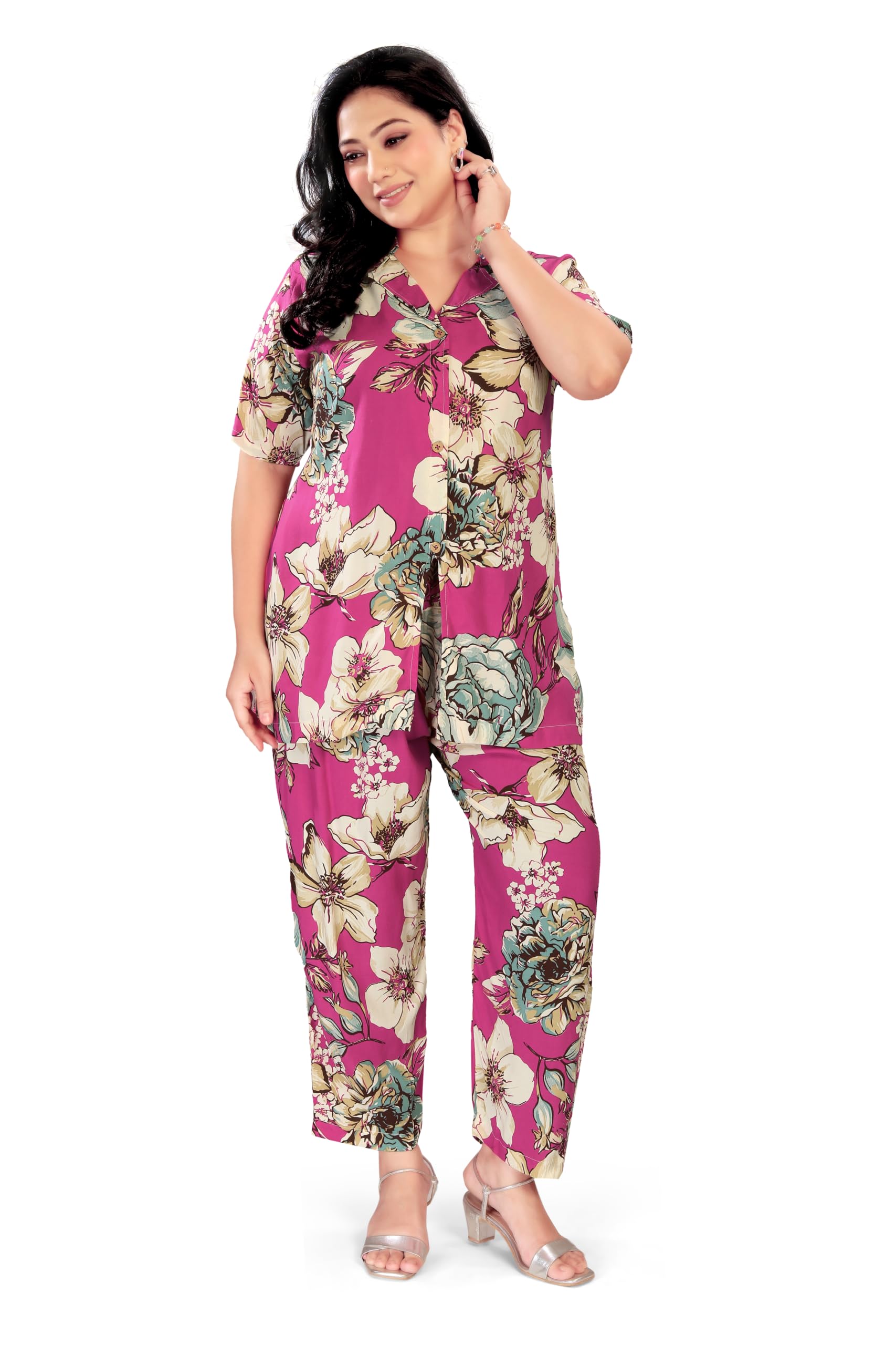 Women's Printed Rayon Co-ord Set | V-Neck Button-Down Top & Straight Pants | Half Sleeves | Regular Fit | Casual, Office & Travel Wear (PINK)| L, XL, XXL-image-38