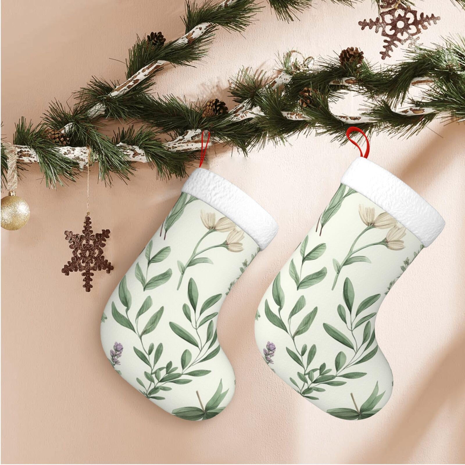 Fodpand Boys Black Green Flower Herb Sage Leaves And Branches Christmas Stockings Hanging Ornaments For Holiday Decor, 18 Inches Velvet Xmas Stocking With White Plush Cuff, Candy Gift Bags For Christmas Decorations