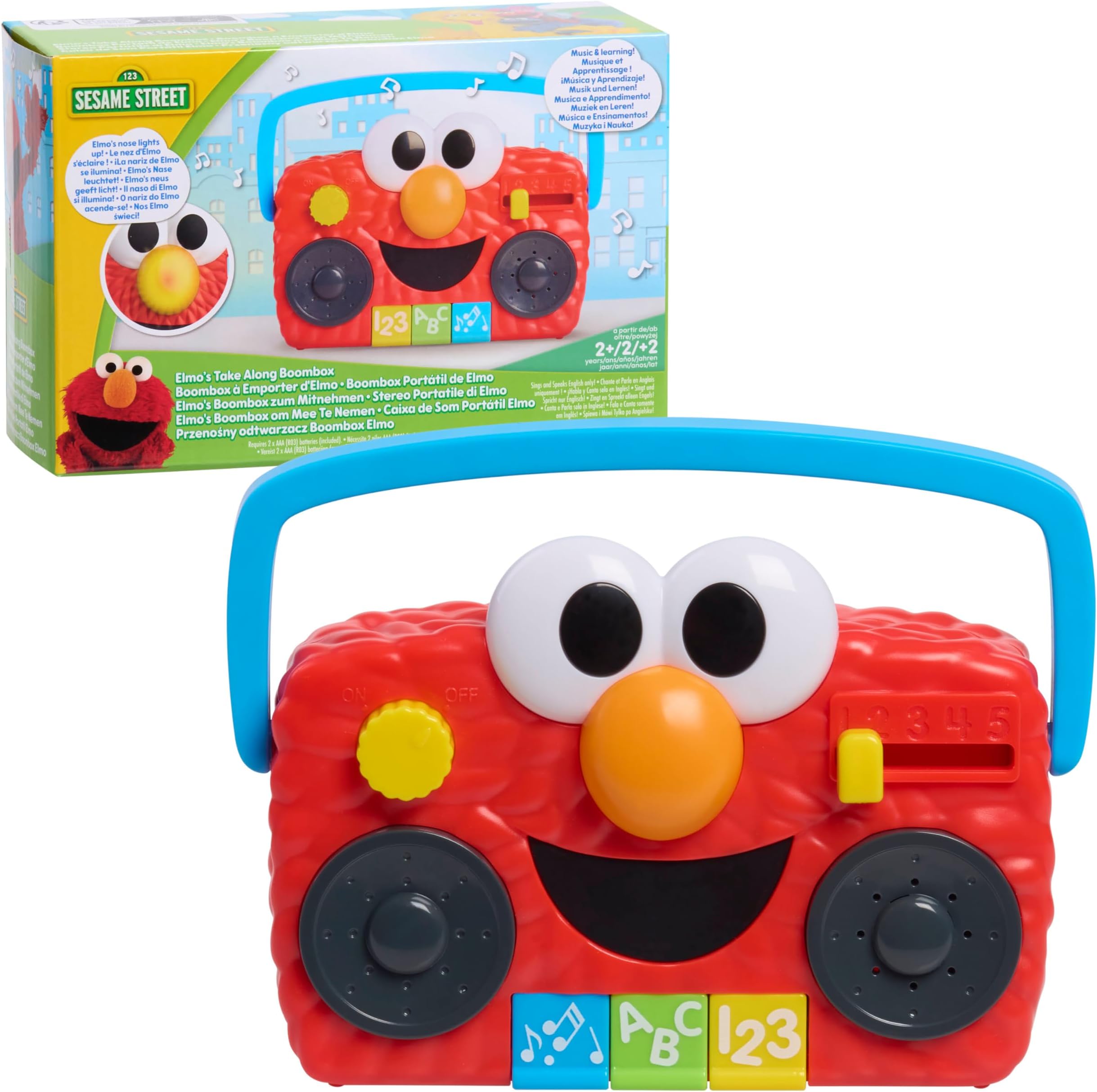 Just Play Sesame Street Elmo Take Along Boombox with Lights and Sounds, Interactive Toy, 14 cm, Learning and Education, Toy for Children from 2 Years