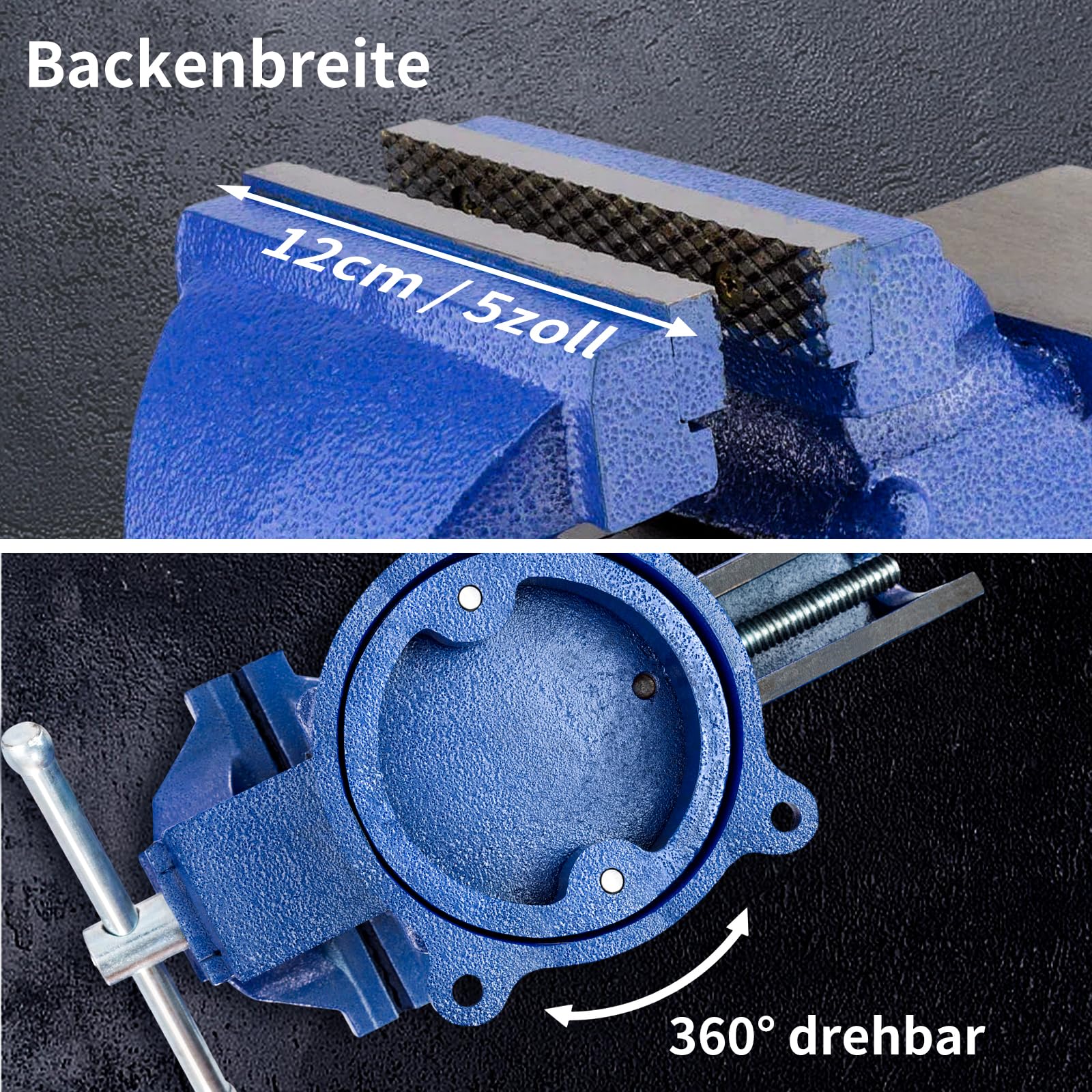 HYCHIKA Schraubstock 360° Drehbar, 125 mm Spannweite, Hochwertige Stahlbacken, Gusseisen Tischschraubstock, Handschraubstöcke klemmbar für Holzbearbeitung Metallbearbeitung Bohren