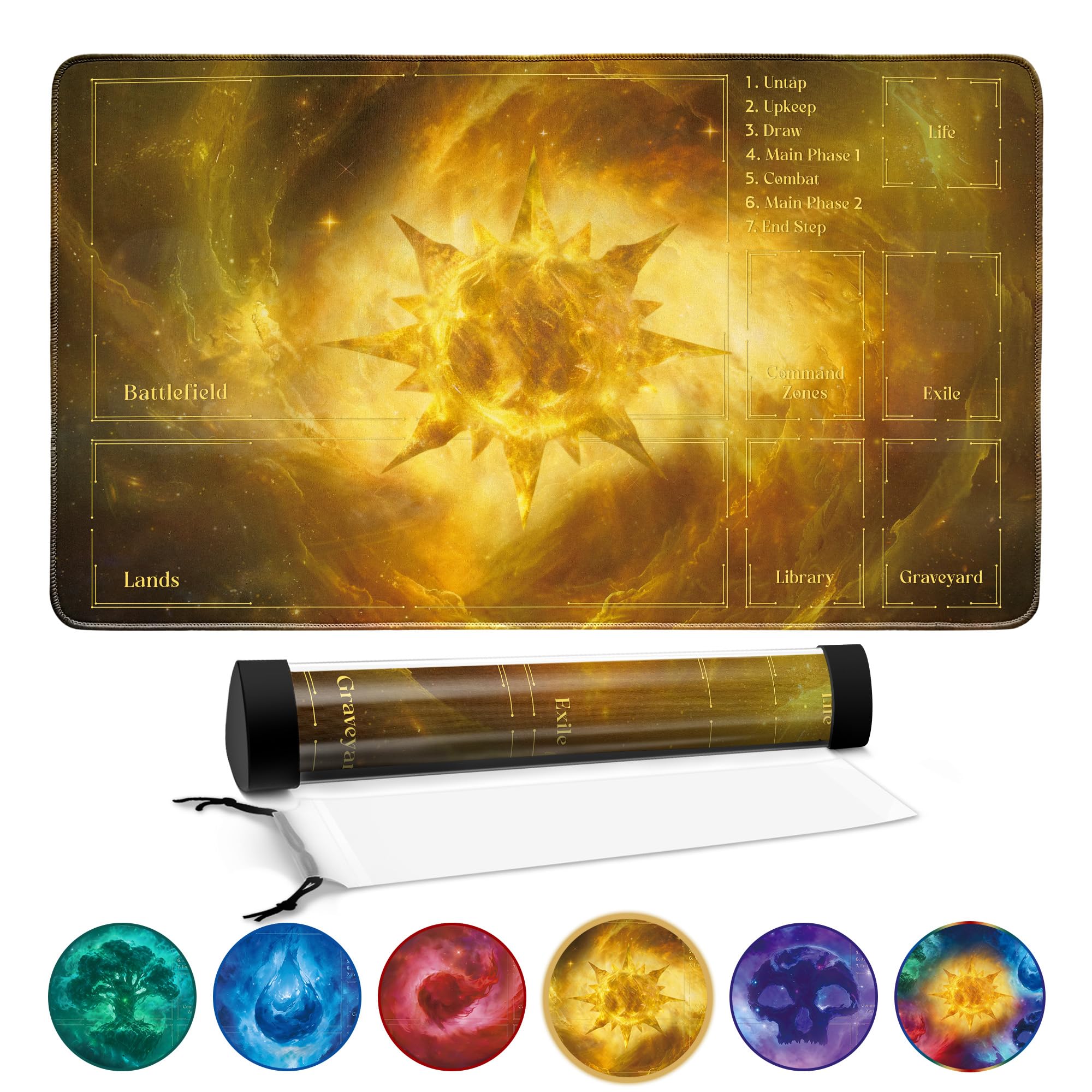 FROGIGO Stellar Plains Playmat for MTG – 24"x14" Golden Sun Galaxy Game Mat with Play Zones & Prismatic Playmat Tube, Non-Slip Table Mat for Magic The Gathering
