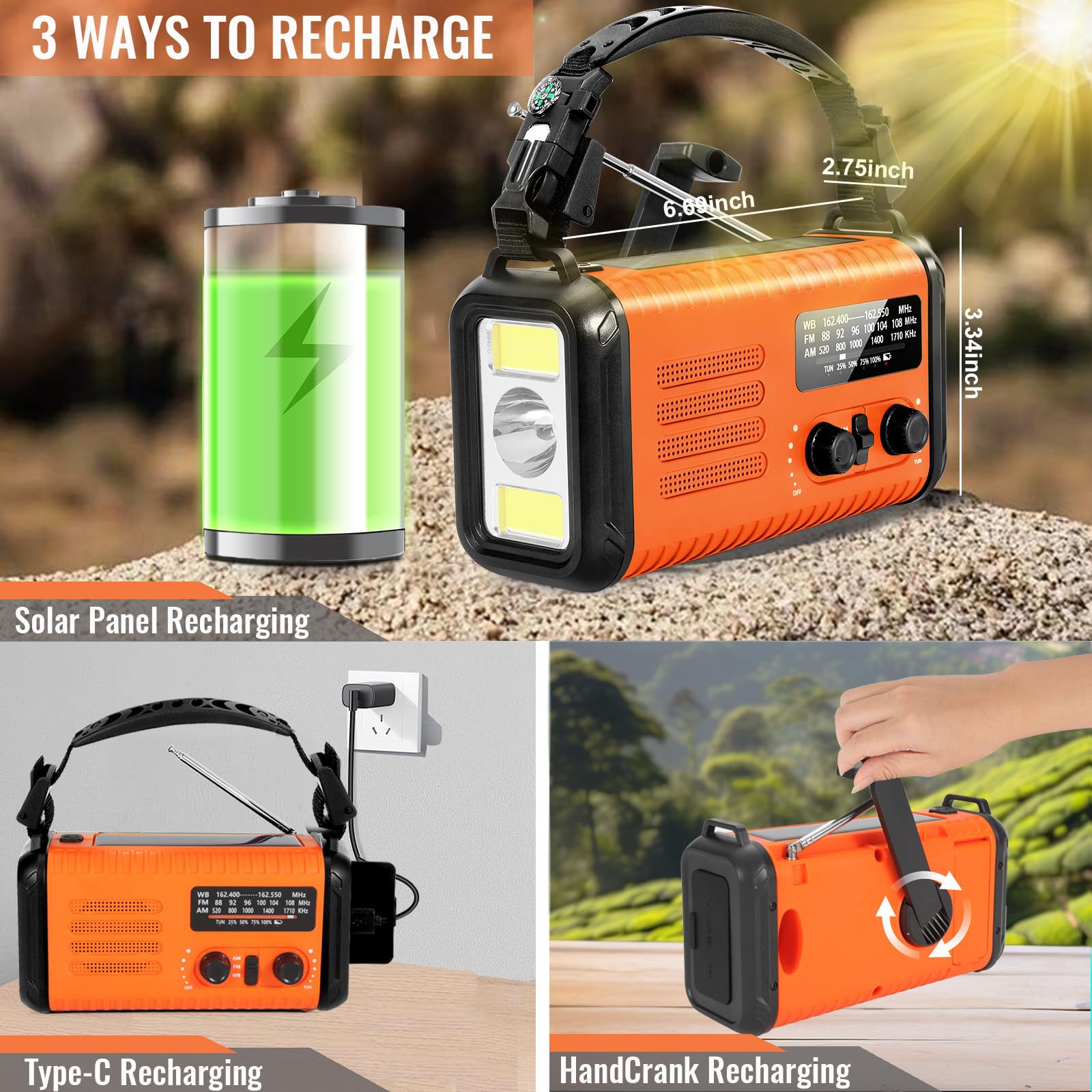 Radio di emergenza da 20000 mAh/74000 mWh, radio a manovella solare AM/FM/NOAA, con caricabatterie per telefono, allarme SOS, torcia elettrica e lampada da lettura per emergenze, uragano, campeggio