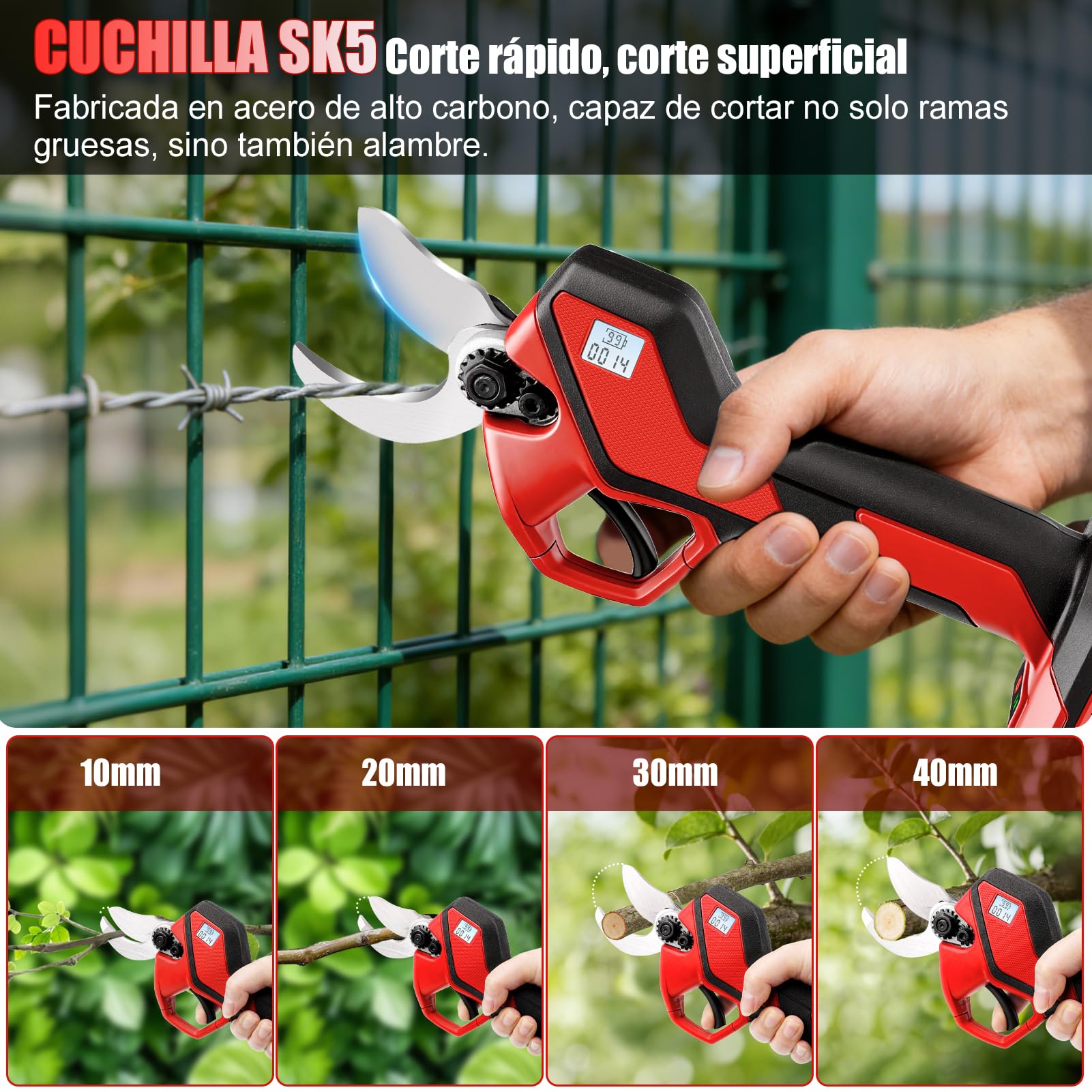 Tijeras de Podar Electricas de 40mm, Podadora de jardín con 2 baterías 21V 1500mAh y cuchillas de repuesto, 600W motor sin escobillas, Tijeras de Podar Bateria para jardinería, árboles frutales