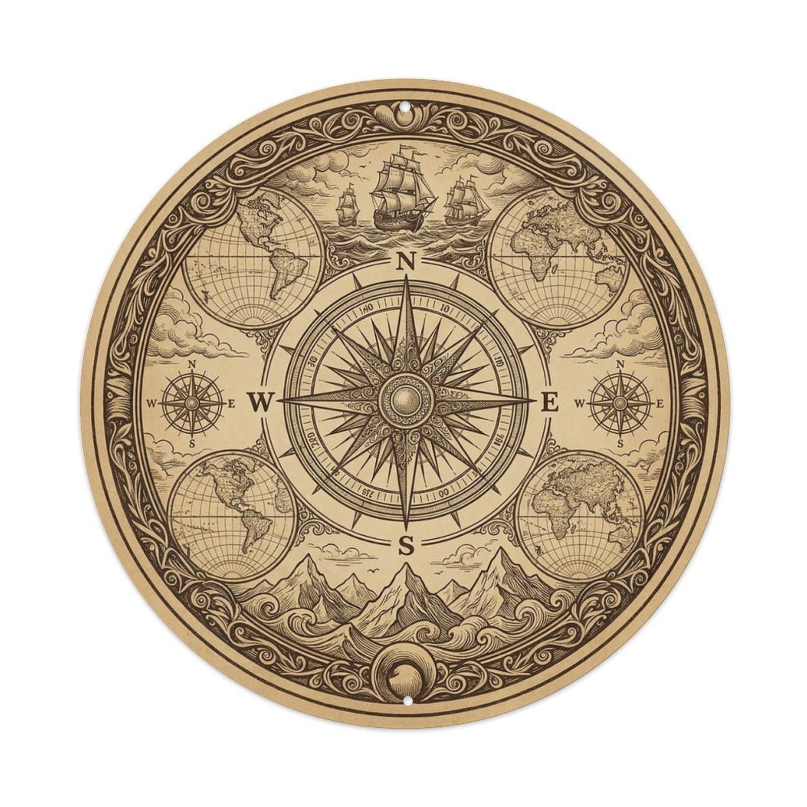 Vintage Nautical Compass World Map Wayfarer Guide Metal Tin Sign