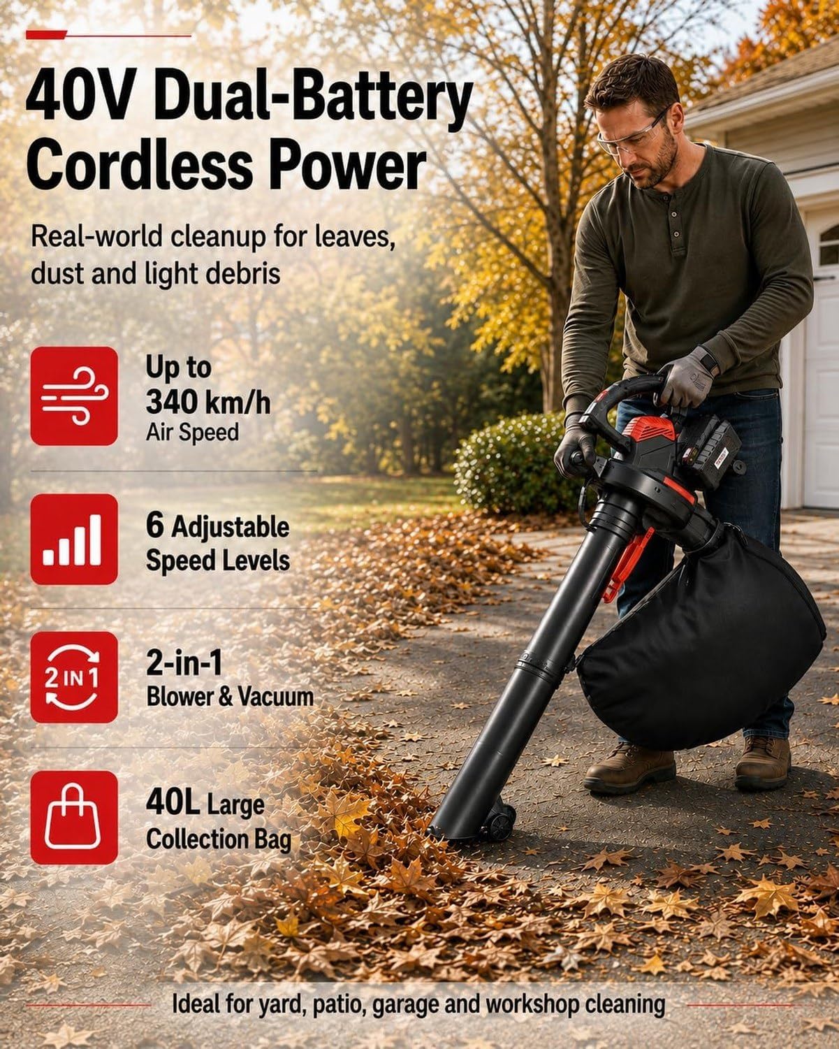 Aspirapolvere Soffiatore Foglie Senza Filo, Batteria Doppia 40V, Flusso Aria 156 CFM per Giardino