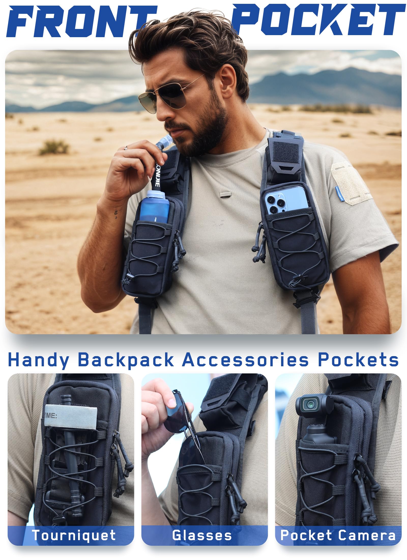 WYNEX Molle Accessori Custodia, Zaino con Tracolla, Tasca Tattica per Telefono Cellulare per Escursionismo, Campeggio e Viaggi, Nero - 1 Pezzo (sinistra)