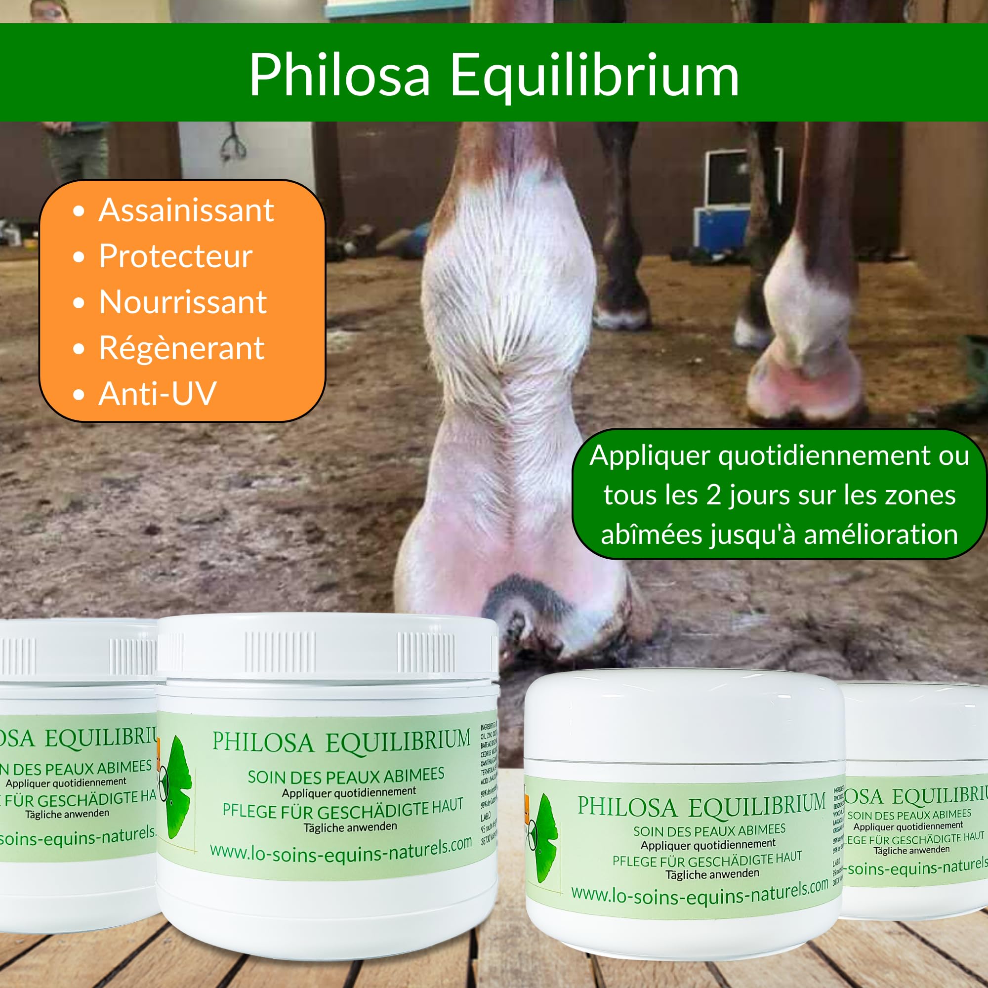Philosa Equilibrium – Cuidado, bálsamo natural de las pieles dañadas (Gale de Lodo,...) para caballos – A base de plantas, caléndula, árbol de té, lavanda, orégano, aceite de Cade (250 ml)