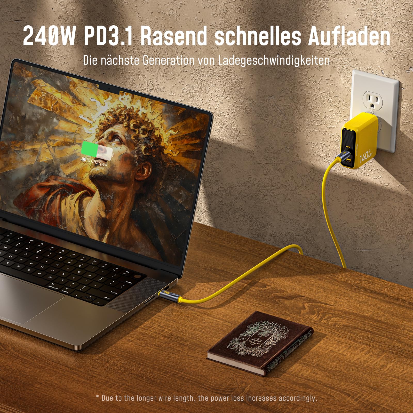 AOHI für Thunderbolt 5 Kabel mit LED-Anzeige 2m, 240 W PD3.1 Schnellladung, 80Gbit/s Datenübertragung, zwei 8K-Displays, The Future Adonis USB-C-Kabel für MacBook Pro/iPhone 17 Pro Max/Galaxy/SSD,Gelb