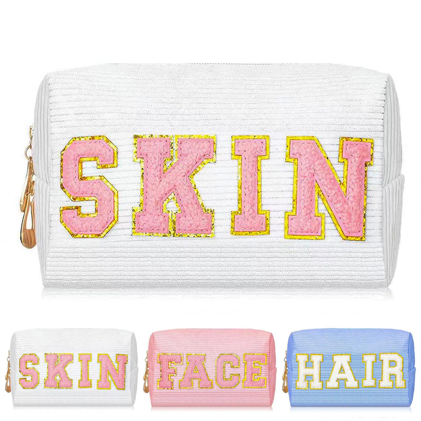 Yoolly Cosmetic Bags for Women Corduroy Makeup Bag, Chenille Letter Organizer Skin Care Bag