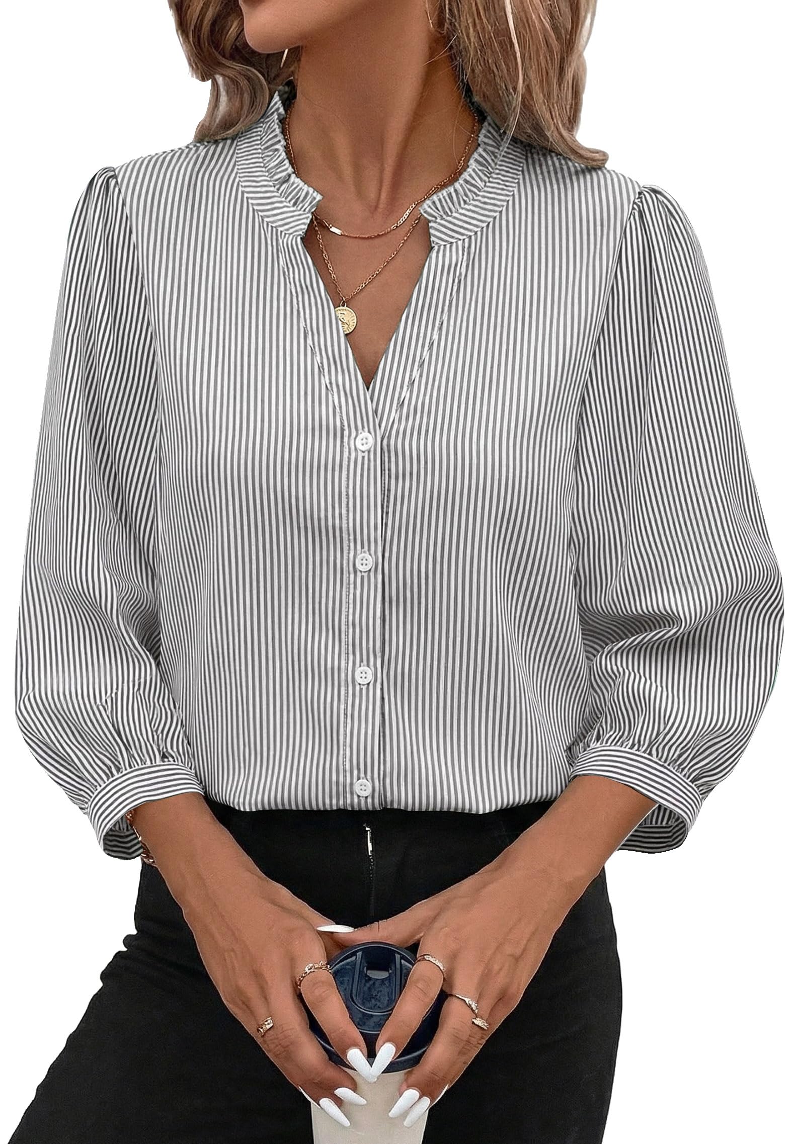 SimpleFun Womens Button Down Shirt 3/4 Sleeve Ruffle V Neck Striped Blouses