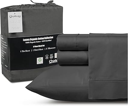 100% Organic Cotton Twin XL Sheets Set, 300TC Sateen Weave 3PC Twin XL Bed Sheets, Elasticated Sheet & Pillowcase Sets, Soft & Comfy No lint Machine Washable Grey Sheet, Fade Resistant- Charcoal