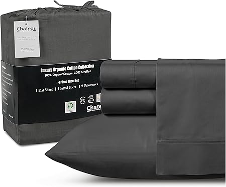 100% Organic Cotton Twin XL Sheets Set, 300TC Sateen Weave 3PC Twin XL Bed Sheets, Elasticated Sheet & Pillowcase Sets, Soft & Comfy No lint Machine Washable Grey Sheet, Fade Resistant- Charcoal