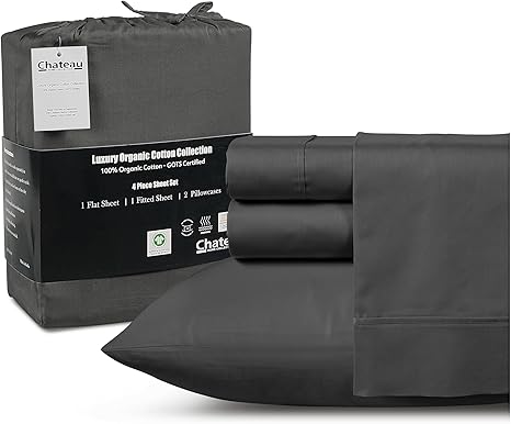 100% Organic Cotton Twin XL Sheets Set, 300TC Sateen Weave 3PC Twin XL Bed Sheets, Elasticated Sheet & Pillowcase Sets, Soft & Comfy No lint Machine Washable Grey Sheet, Fade Resistant- Charcoal