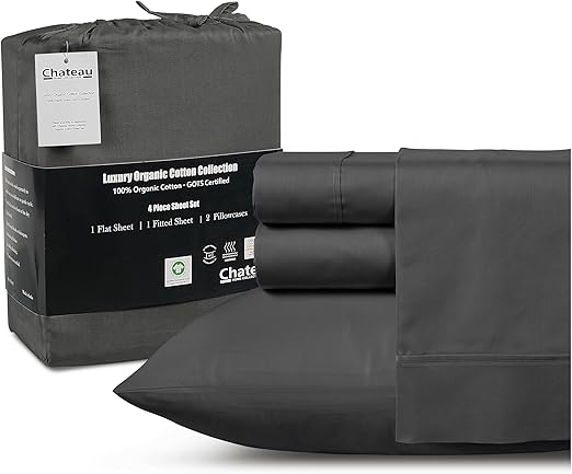 100% Organic Cotton Twin XL Sheets Set, 300TC Sateen Weave 3PC Twin XL Bed Sheets, Elasticated Sheet & Pillowcase Sets, Soft & Comfy No lint Machine Washable Grey Sheet, Fade Resistant- Charcoal