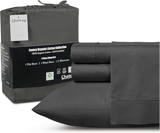 100% Organic Cotton Twin XL Sheets Set, 300TC Sateen Weave 3PC Twin XL Bed Sheets, Elasticated Sheet & Pillowcase Sets, Soft & Comfy No lint Machine Washable Grey Sheet, Fade Resistant- Charcoal