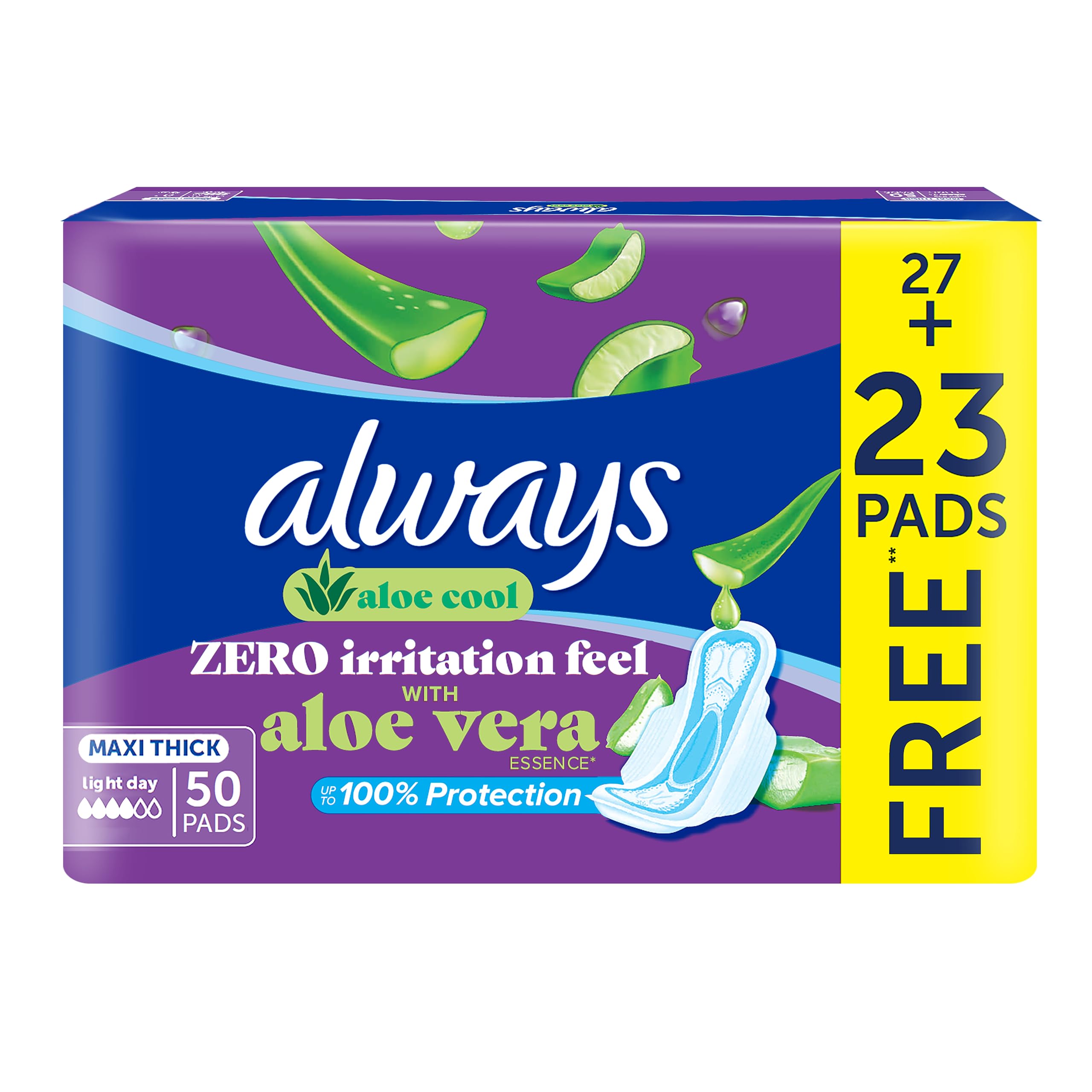 Always Cool & Dry, No Heat Feel, Maxi Thick, Large Sanitary Pads with Wings, 50 pad count