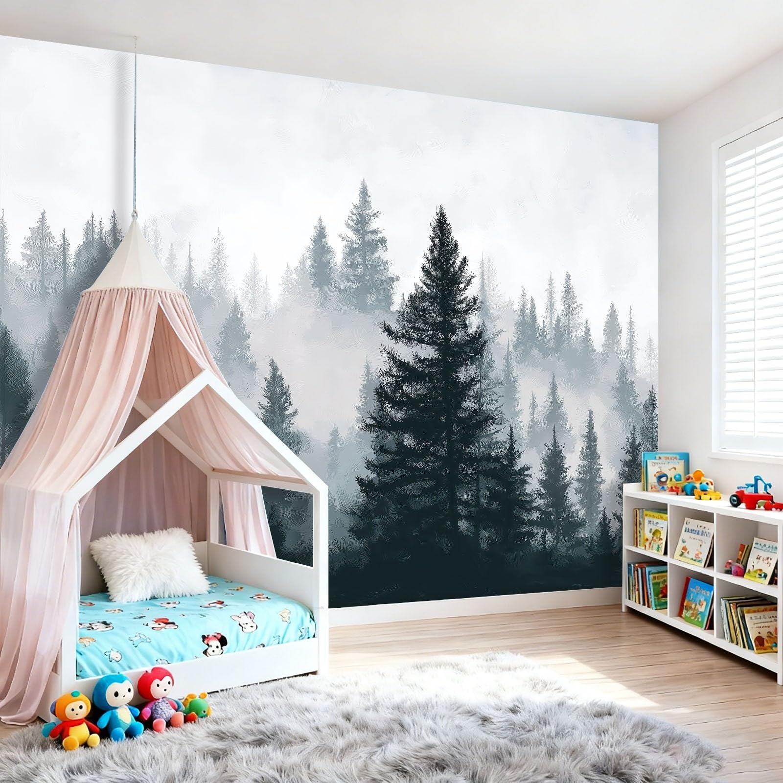 Genérico Papel Pintado No Tejido 250 x 175(WxH),Pinos de Altiplano Nórdico Verde Diseño,Fácil de Instalar Decoración de Pared para Salón Dormitorio Oficina