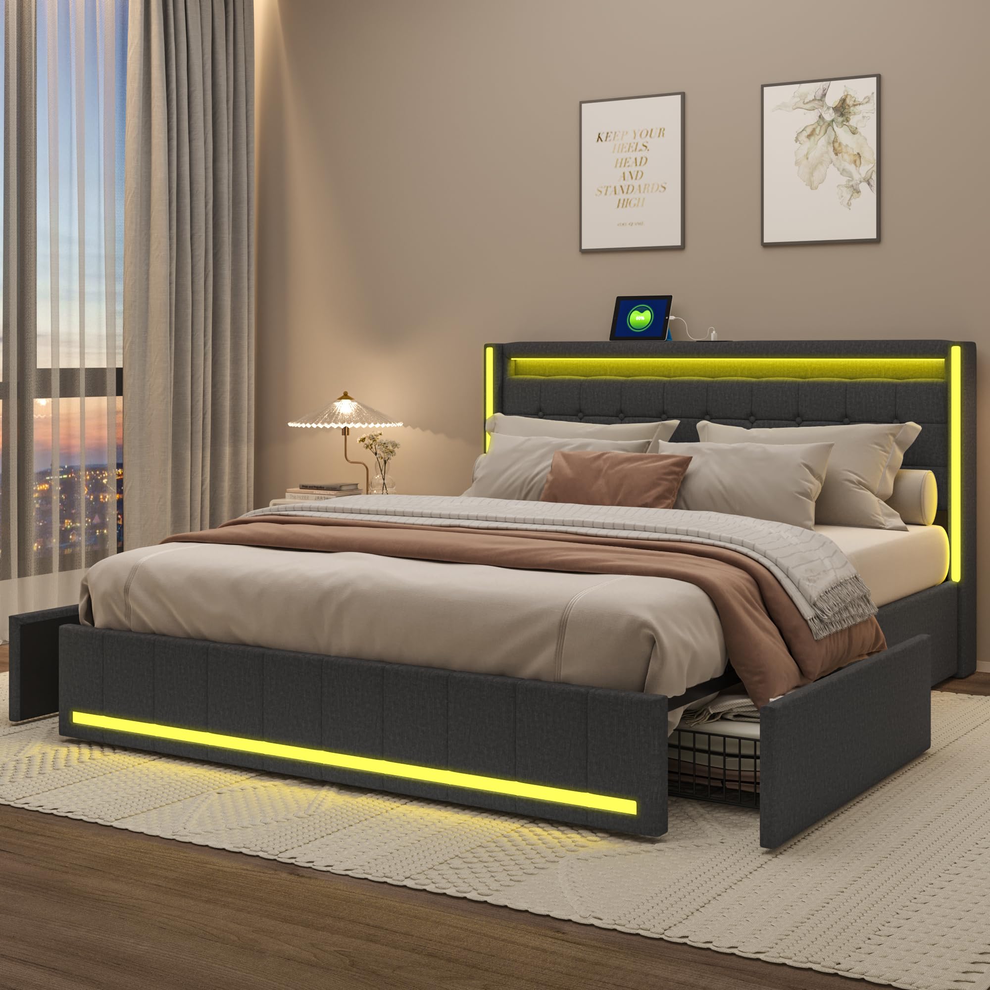 Podwójne łóżko 140 x 190 cm, łóżko tapicerowane z 4 szufladami do przechowywania, pikowana rama łóżka z oświetleniem LED i portami USB, lniany zagłówek, łóżko 2-osobowe, drewniany stelaż listwowy, bez