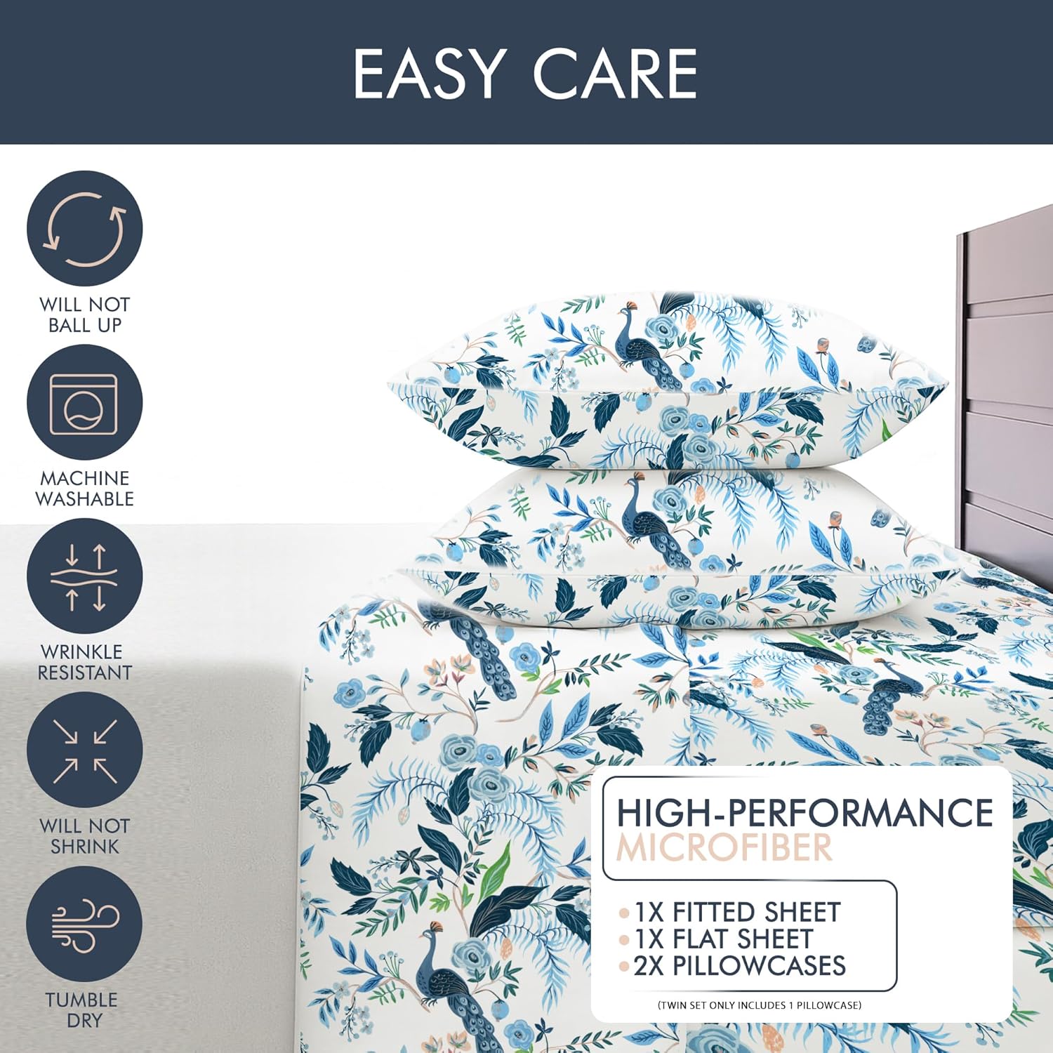 Where The Polka Dots Roam Peacock Sheets Queen Bedding Set - Super Soft 4 Piece Blue Floral Bed Sheets for Kids Teens with Fitted Sheet, Flat Sheet & Pillowcase - Colorful Peacock Bedding Room Décor