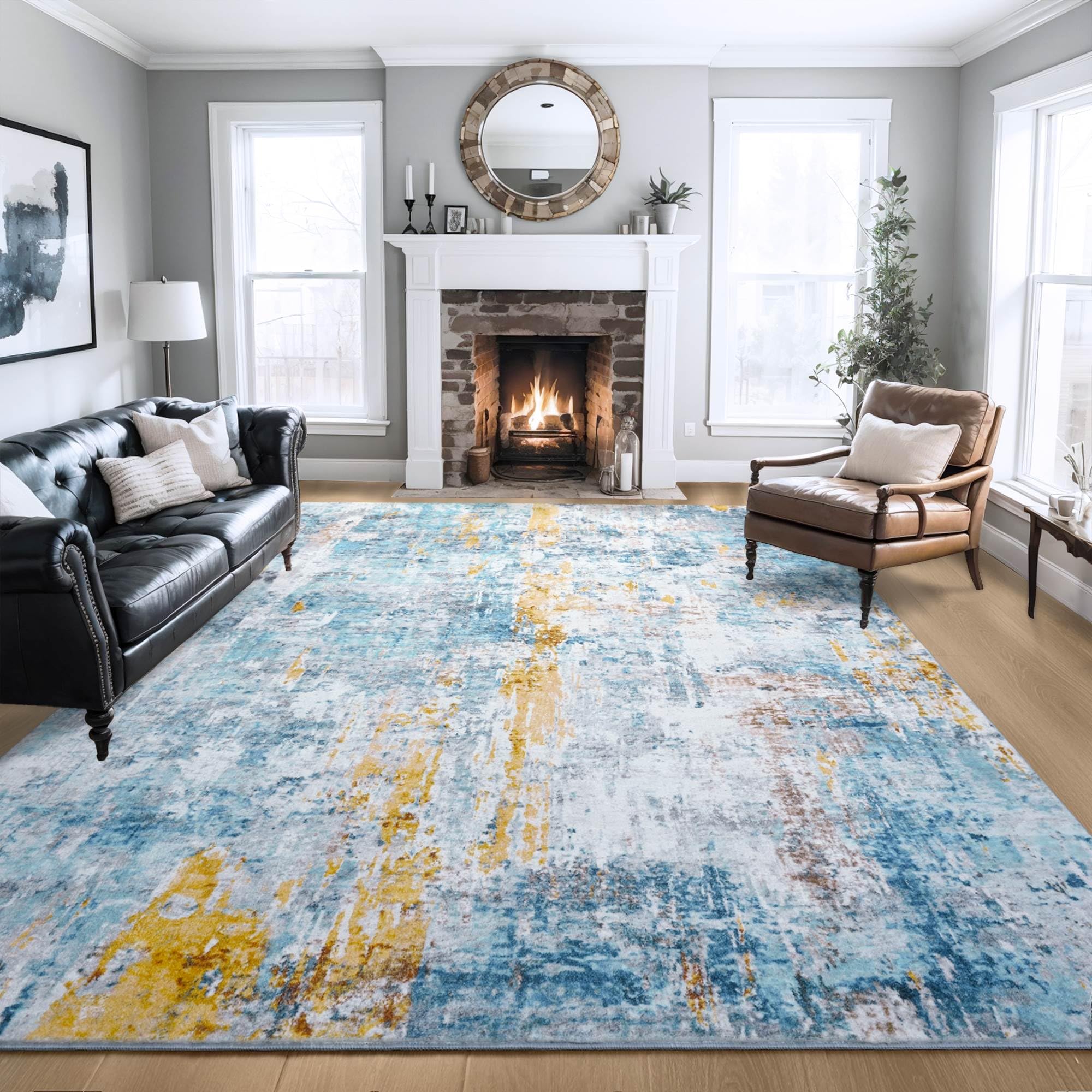 Ompaa Living Room Rug 8x10 Blue Area Rugs Machine Washable Abstract Boho Large Carpet Non-Slip Non-Shedding Faux Wool Indoor Vintage Rugs for Bedroom,