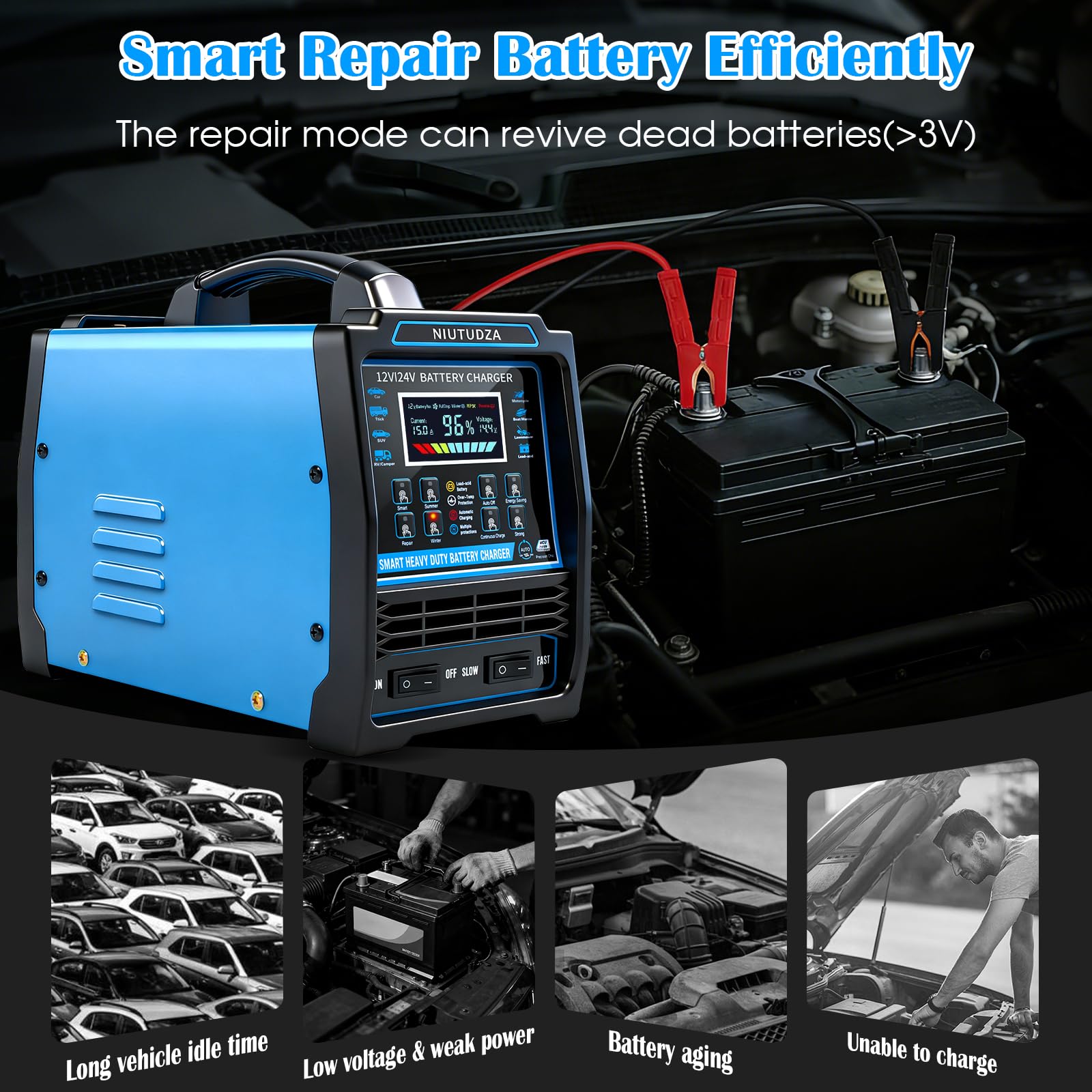 Caricabatterie per auto resistente, 12 V/24 V, 0-15 A, caricatore automatico per batteria, caricabatterie intelligente con spegnimento rapido e lento, spegnimento automatico, riparazione, modalità
