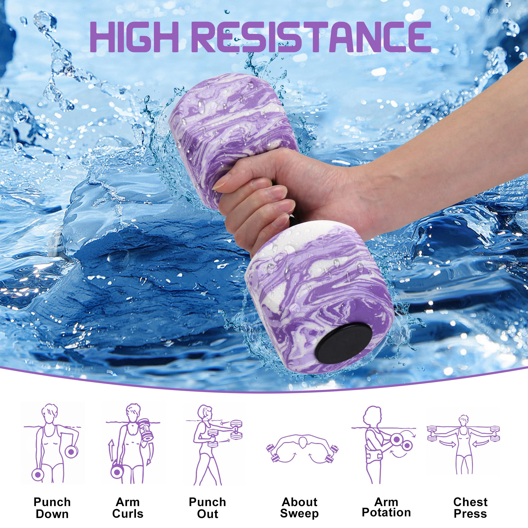 2pcs Water Weights for Pool Exercise, EVA-Foam Water Aerobics Equipment, Pool Dumbbells for Women,Kids,Seniors, Water Workouts, Weight Loss(Purple)