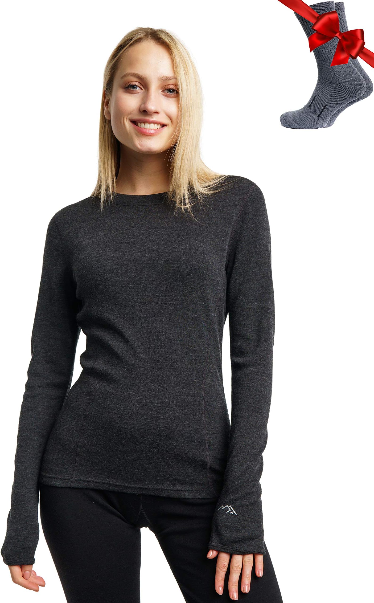 Merino Wool Base Layer Women - 100% Merino Wool Heavyweight, Midweight, Lite Long Sleeve Thermal Shirt and Socks