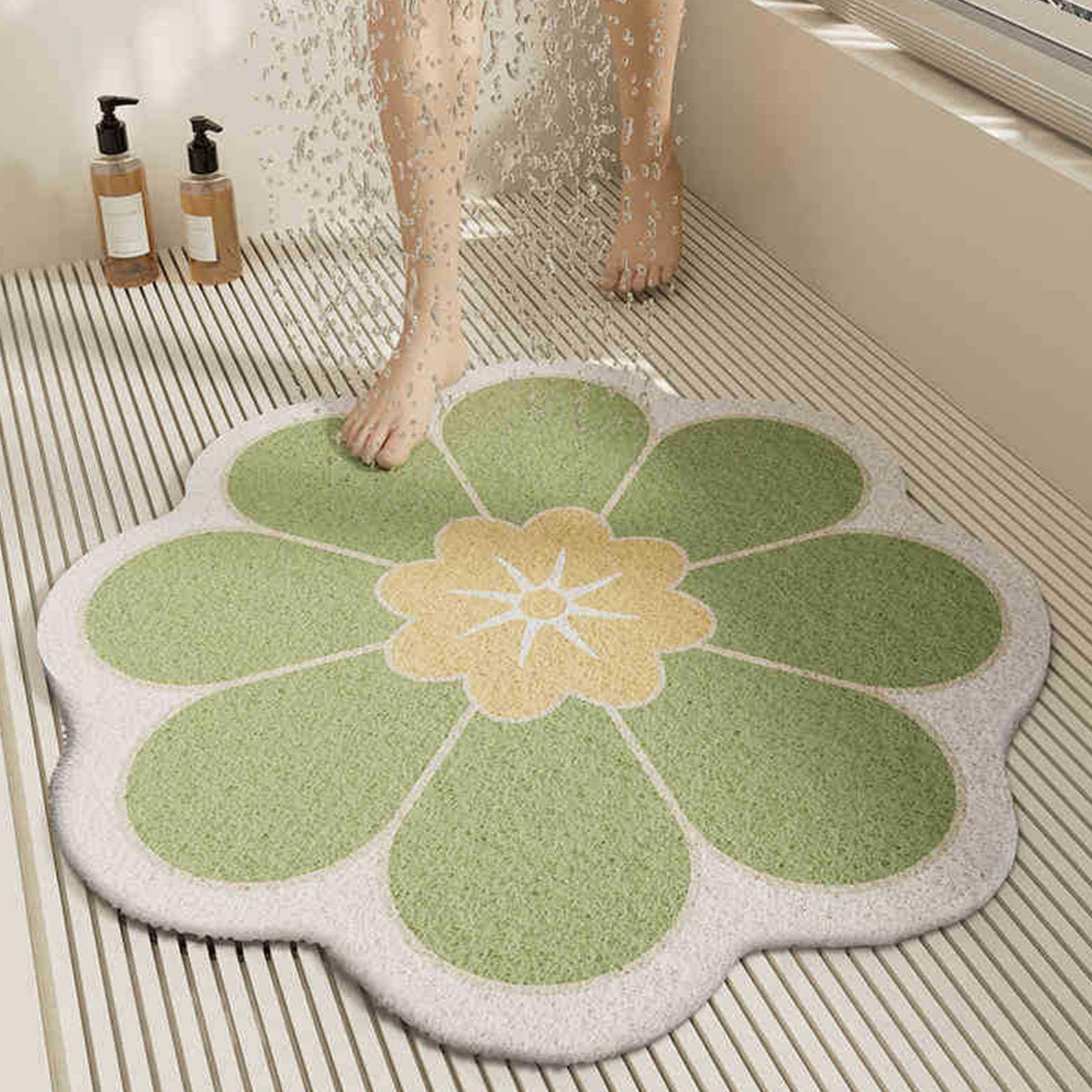 Round Floral Pattern Shower Mat for Indoor Bath, Non Slip PVC Sponge Bathroom Floor Mat with Drainage Holes, Quick Dry Anti Mould Shower Room Foot Mat (A,60 * 60cm)