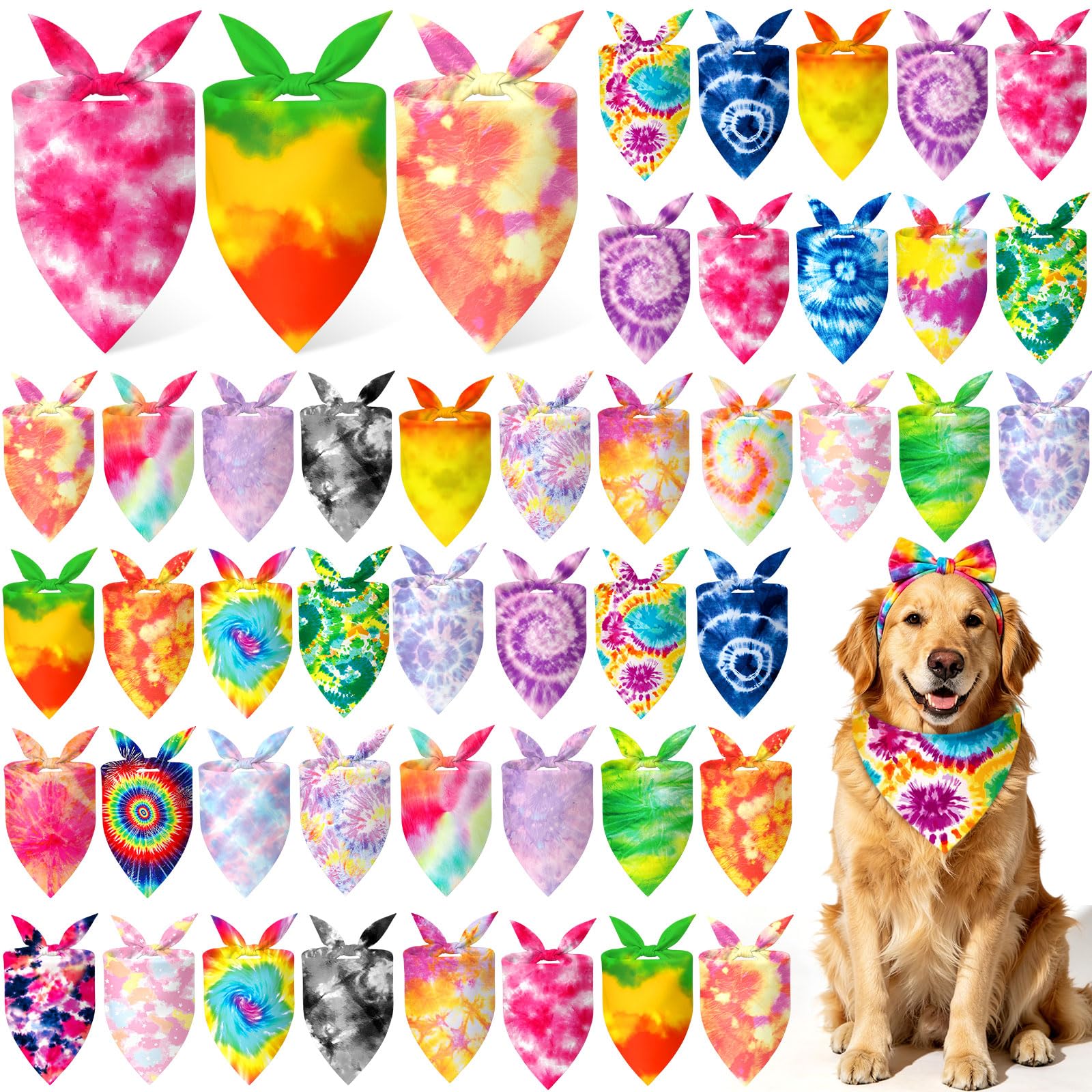 Abbylike 50 Pieces Tie Dye Dog Bandanas Bulk Colorful Hippie Pattern Dog Bandanas for Dogs Triangle Kerchief Scarf Bibs Set for Pets Summer Party Costume Accessories, 25 Styles (31.5 x 21.7 x 21.7)