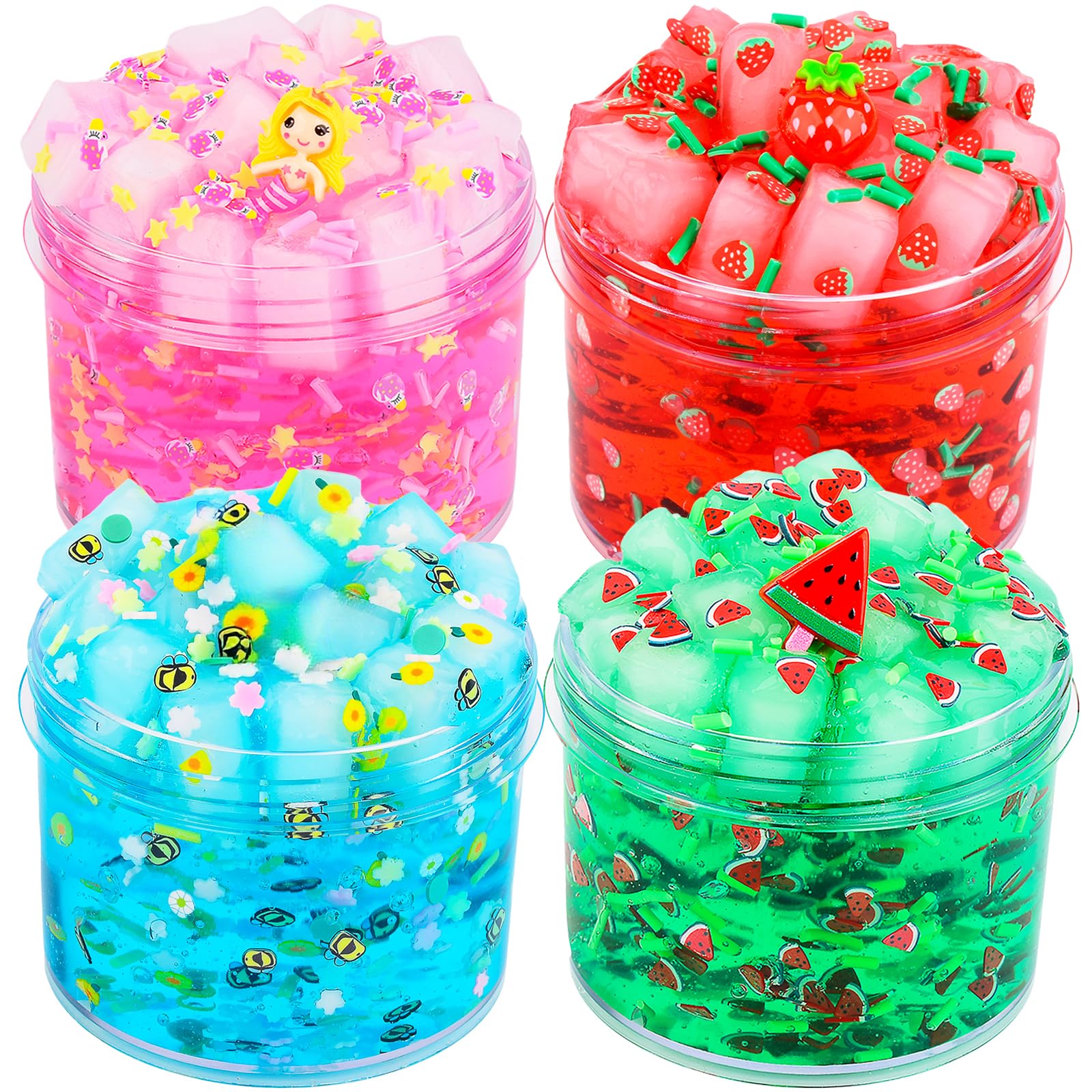 Slime Kit - 4 Pack Jelly Cube Crunchy Slime Kit, with Mermaid, Ice Cream and Teddy Bear Cute Charms, Soft & Non-Sticky Clear Crunchy Slime, Slime Party Favor for Girls and Boys Stress Relief Toy