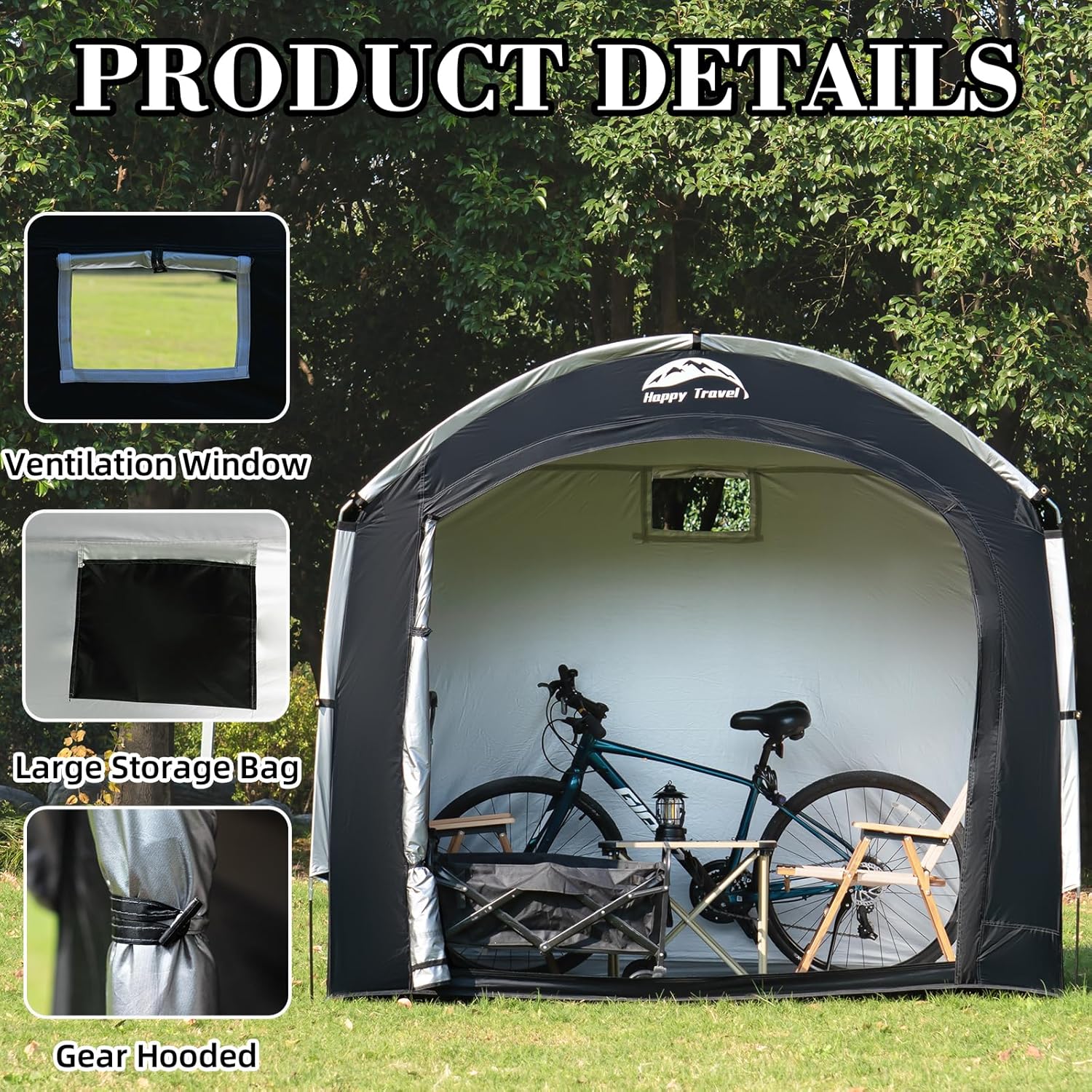 Happy Travel Bike Storage Tent Shed, Outdoor Waterproof Bicycle Covers Shelter with Window for 2/4/6/8 Bikes,Oversized Outside Portable Sheds for Lawn Mower,Garden Tools (Black) Happy Travel Bike Storage Tent Shed, Outdoor Waterproof Bicycle Covers Shelter with Window for 2/4/6/8 Bikes,Oversized Outside Portable Sheds for Lawn Mower,Garden Tools (Black)