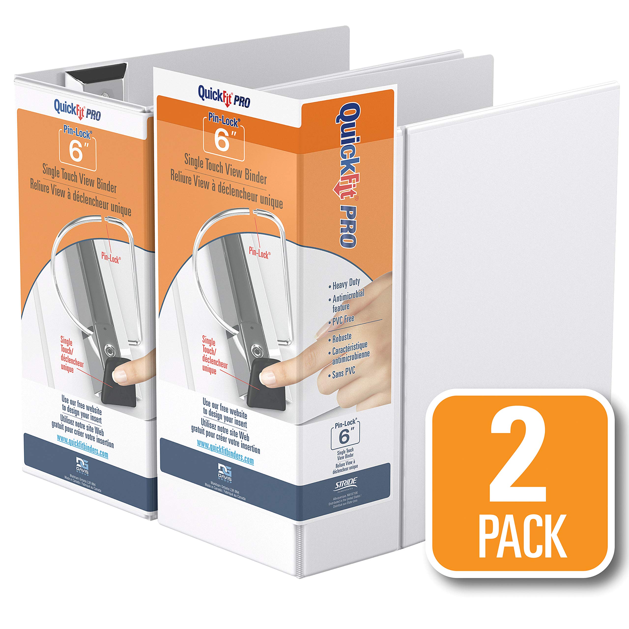 QuickFit PRO Heavy Duty Single Touch View Binder, 6 Inch, Locking D Ring, White, 2 Pack (90080-02)