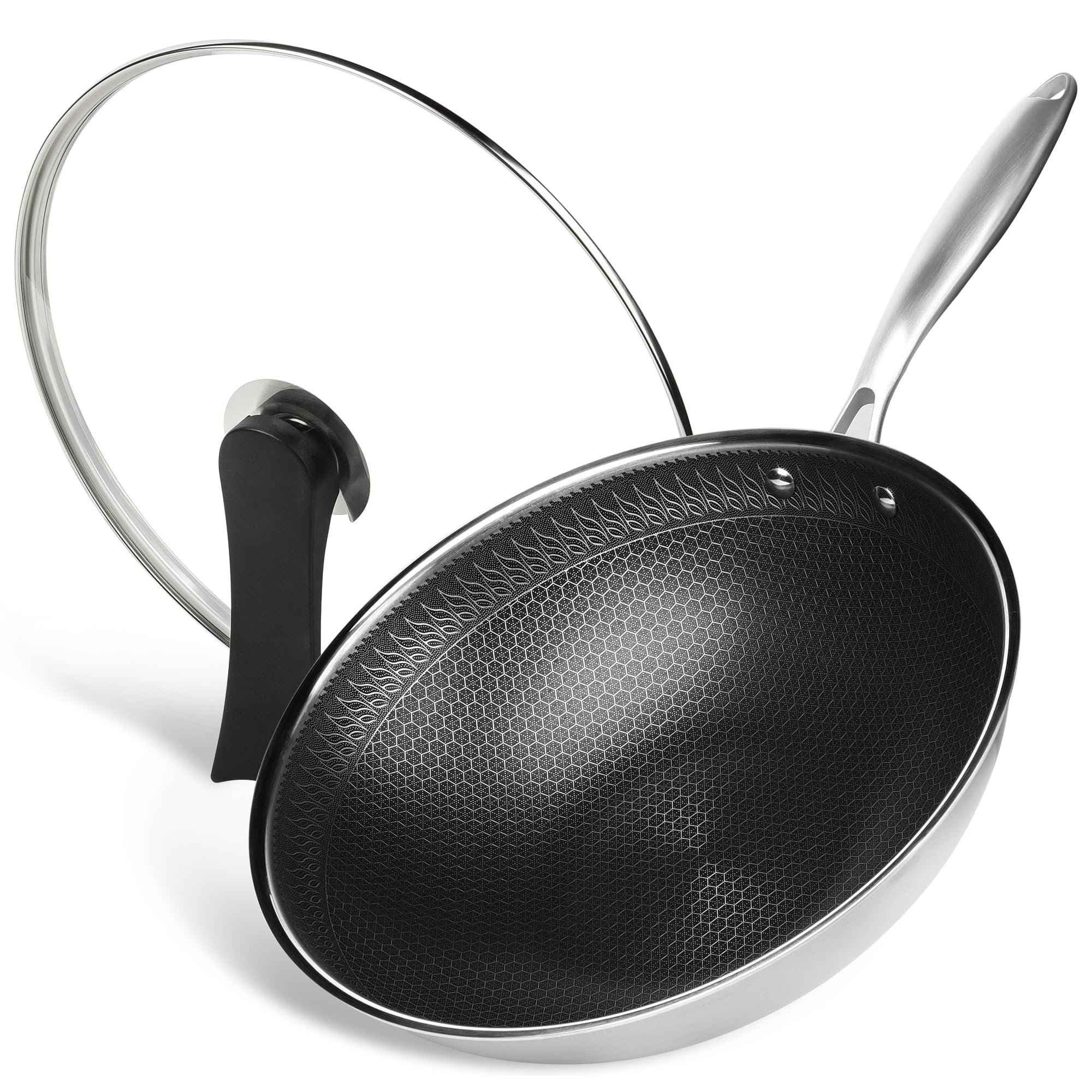 RIOVARM 32cm Wok in acciaio inox con coperchio, Antiaderente Fondo piatto Padella Wok, A tre strati Struttura a nido d'ape, Lavabile in lavastoviglie A prova di forno, Induzione, Piani cottura a gas