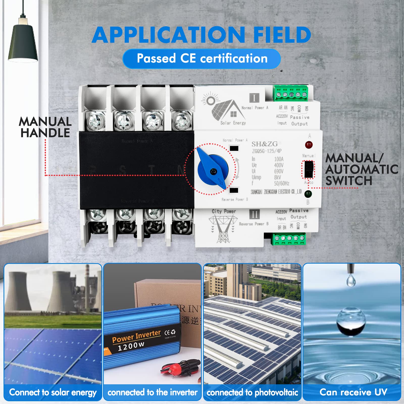 DEWIN Interruttore di trasferimento,4P 100A ATS Fotovoltaico Interruttore di trasferimento Automatico a Doppia Alimentazione Interruttore di Continuità Fotovoltaico 220V