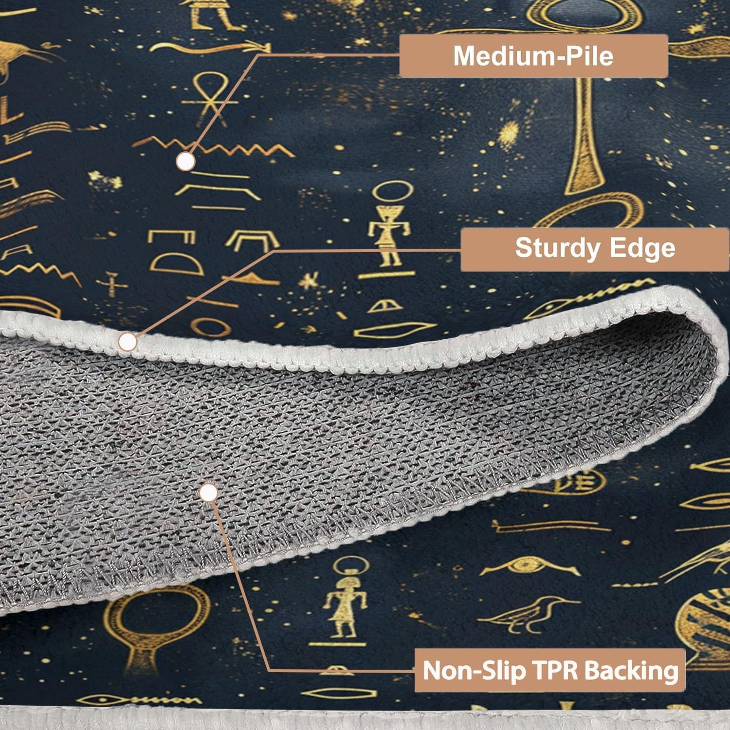 Washable Rug for Living Room Non Slip Stain Resistant Ancient Egyptian Papyrus Black Gold Machine Washable Rugs, Fluffy Rug Indoor Carpets for Kids Nursery Bedside Room Decor 2ftx3ft