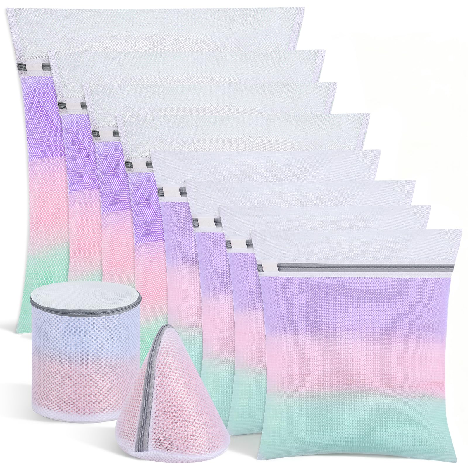 10 PCS Mesh Laundry Bags with Zips, Large Fine Laundry Bag for Washing Machine Reusable Bra Washing Bags for Laundry Wash Bags for Clothes, Socks, Underwear, Bra, Shirts, Coats, Pants (White)